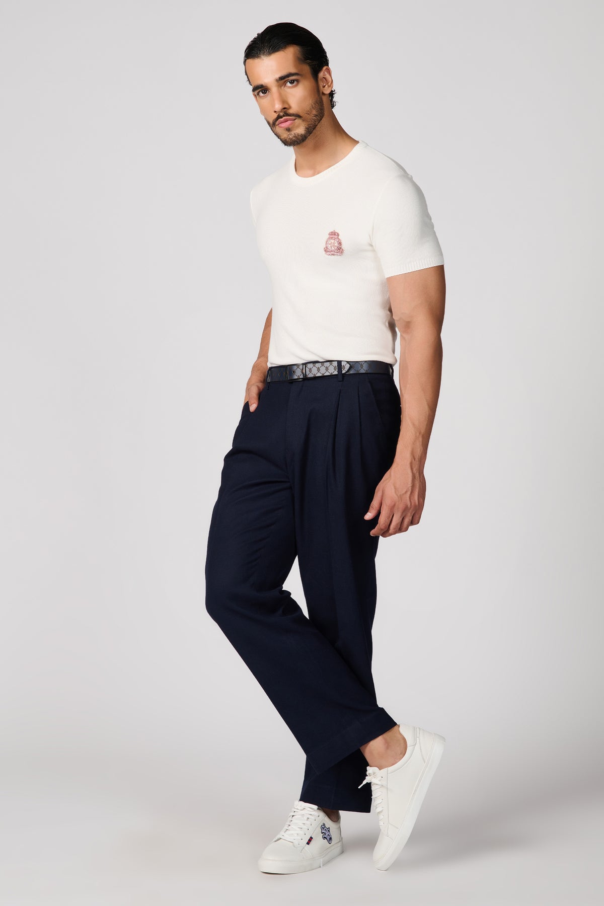 Ecru Knit T-Shirt with Crest