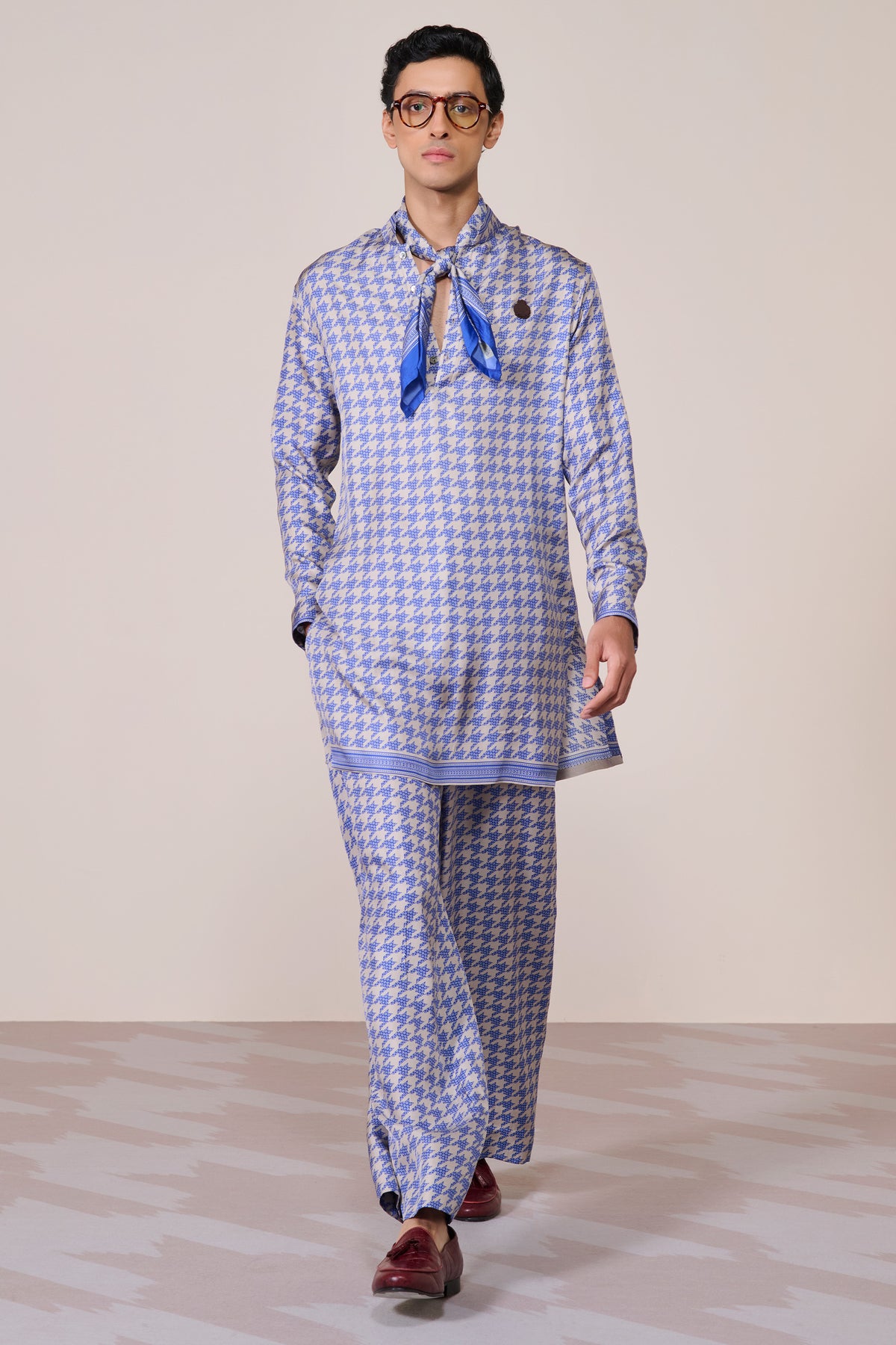 Blue Houndstooth Silk Twill Kurta