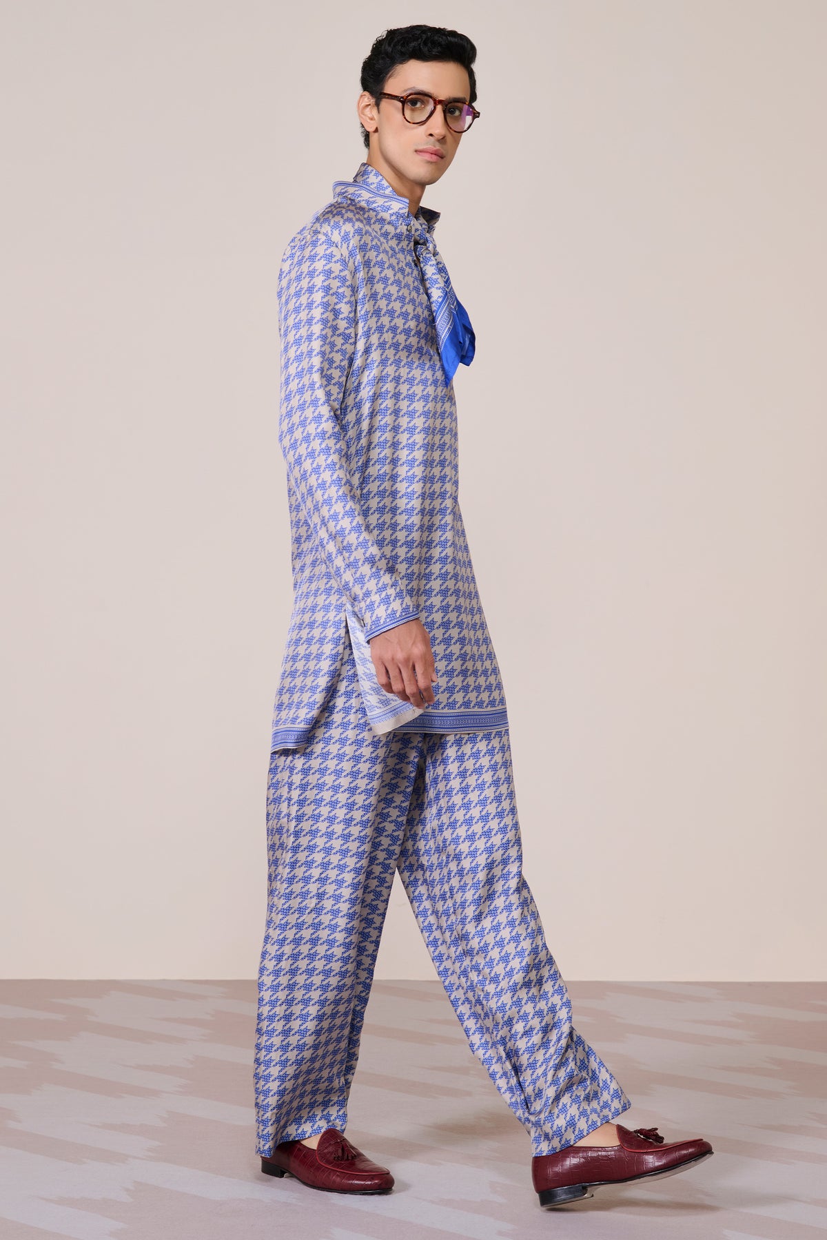 Blue Houndstooth Silk Twill Kurta