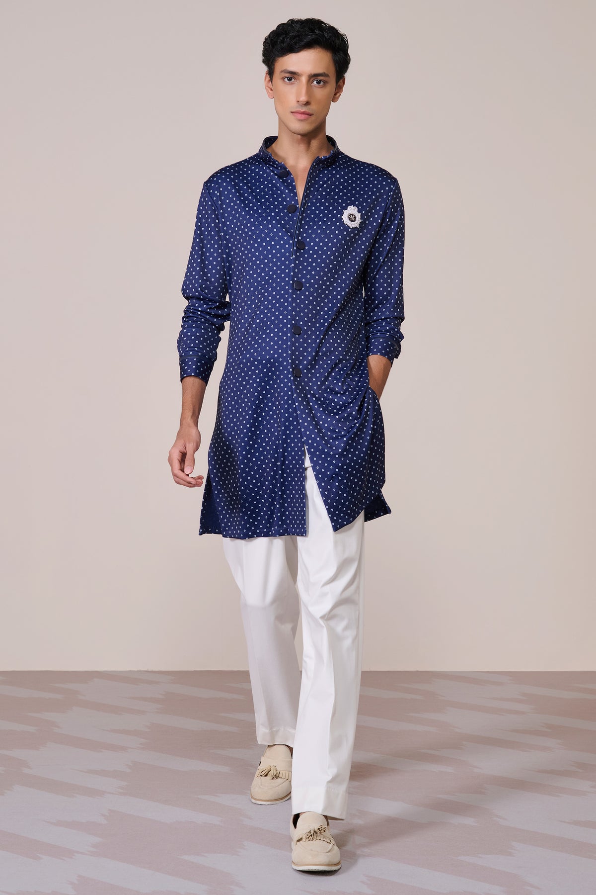 Navy Print Poly Jersey Kurta