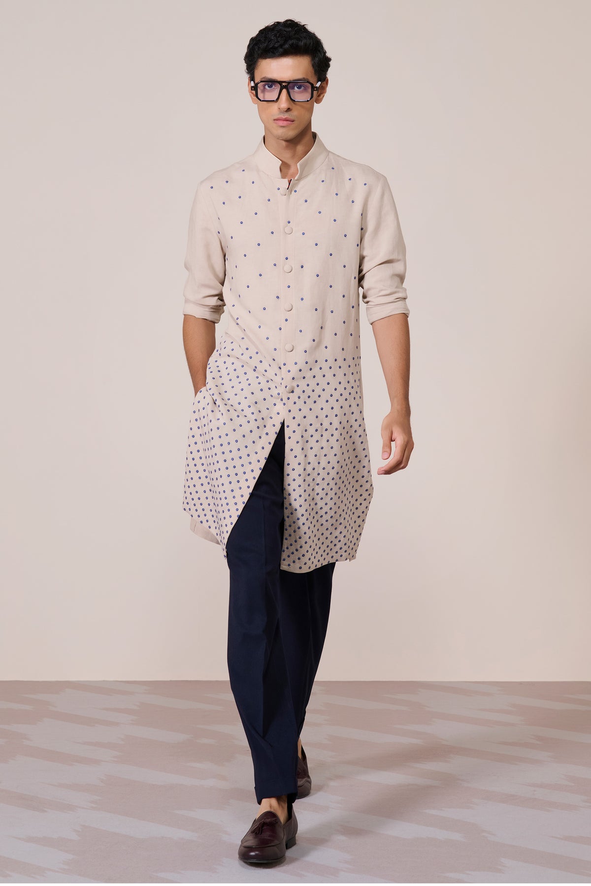 Ecru Embroidered Linen Kurta