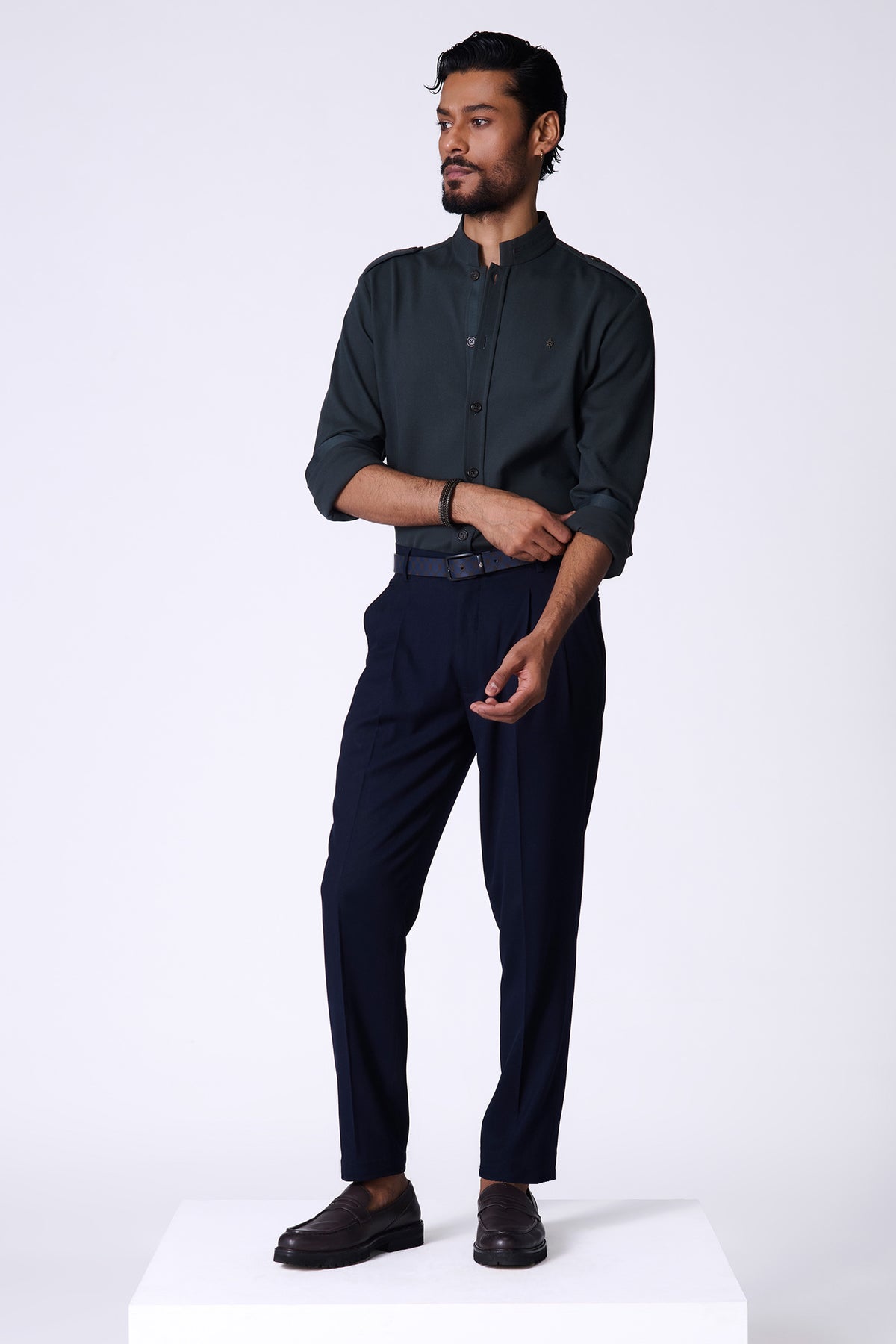 Olive Band Collar Adamas Shirt