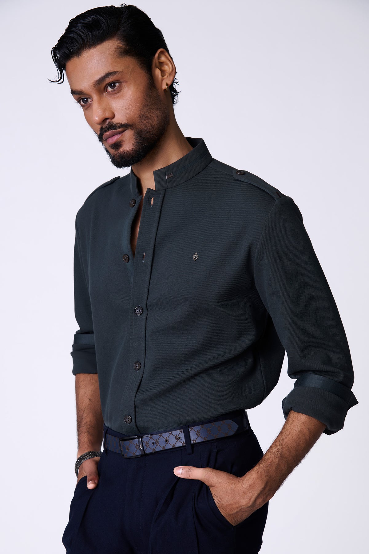 Olive Band Collar Adamas Shirt