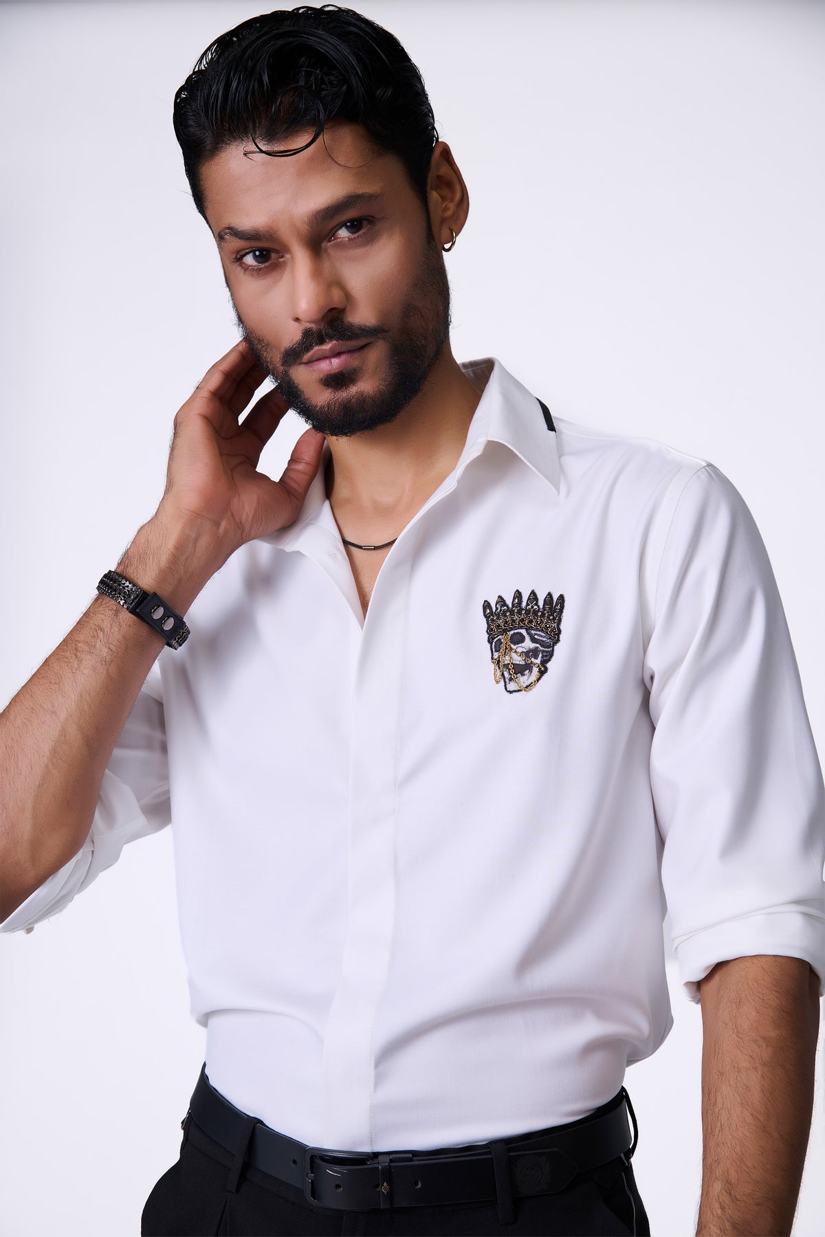 Off White Shirt with Embroidered Skull Crest