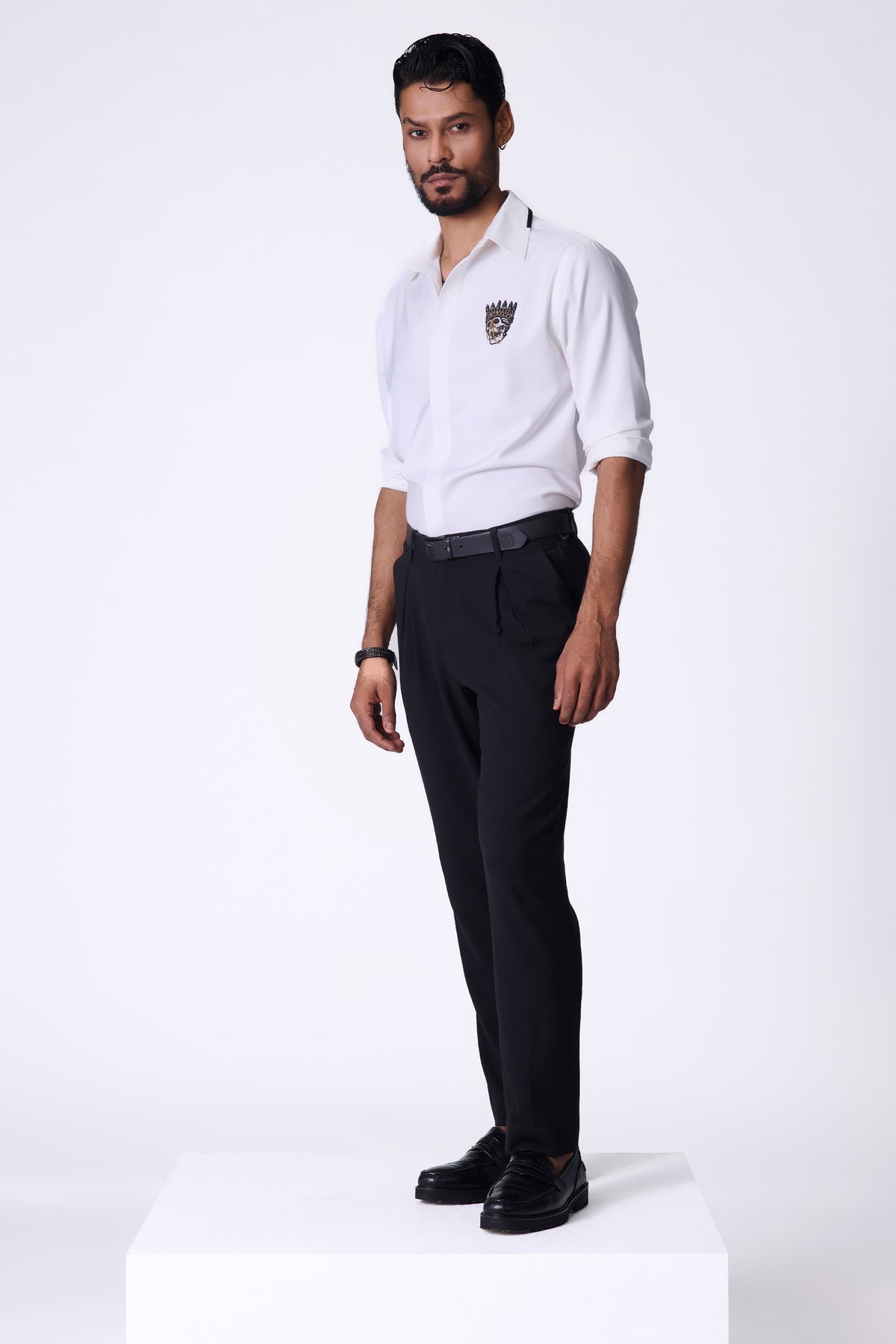 Off White Shirt with Embroidered Skull Crest