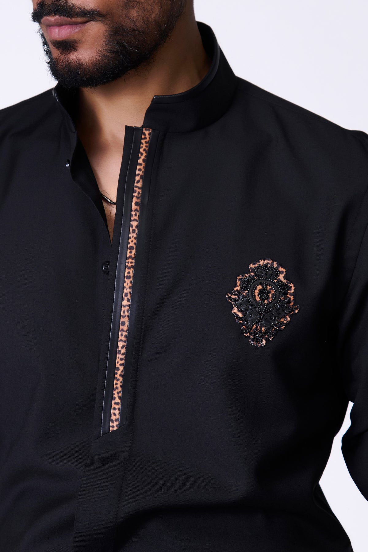 Black Shirt with Leopard-Print Placket