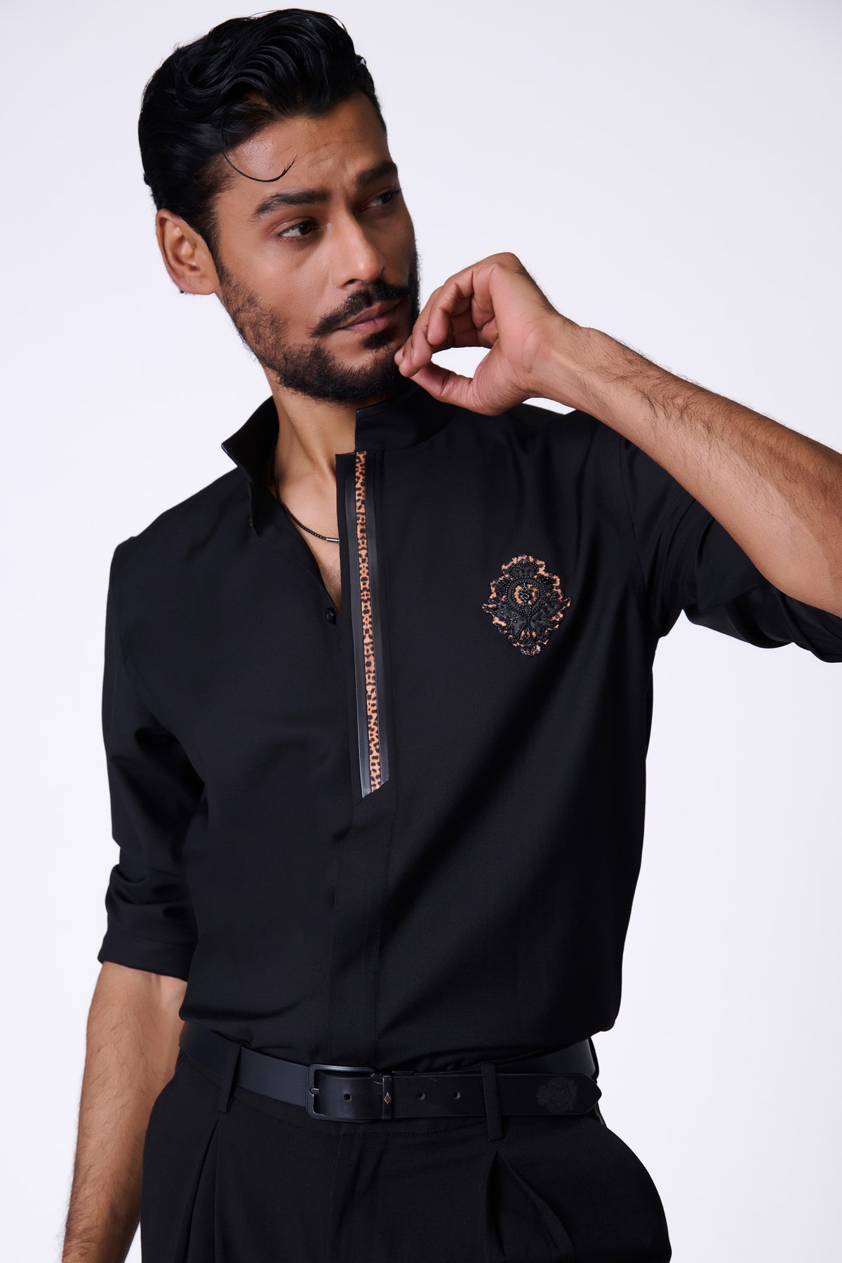 Black Shirt with Leopard-Print Placket