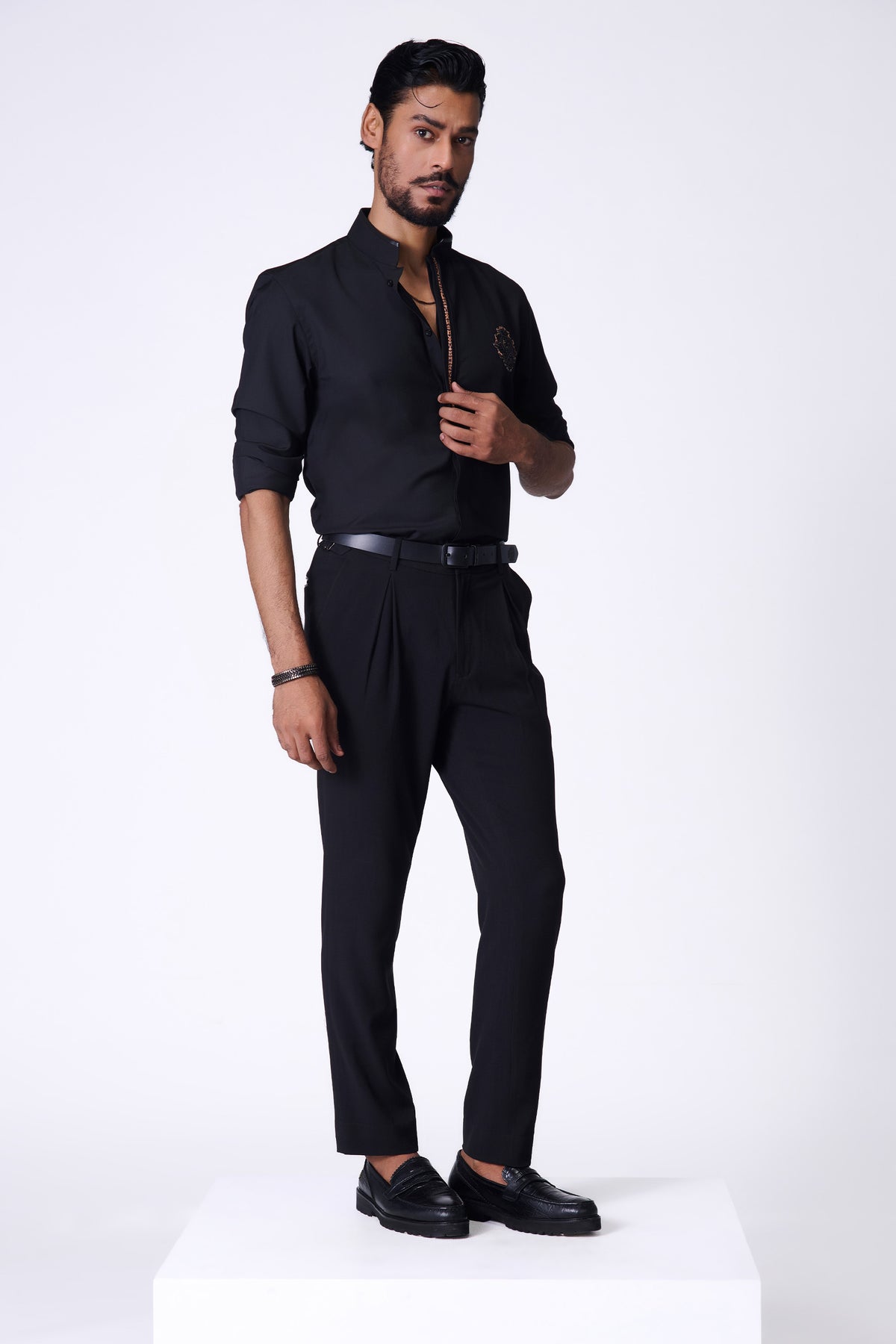 Black Shirt with Leopard-Print Placket