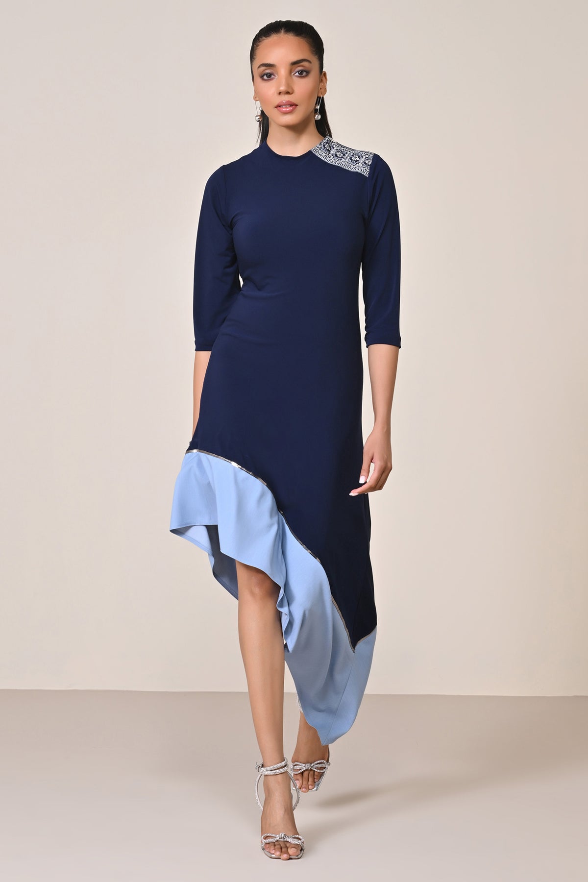 Asymmetric Denim Colour Block Kurta