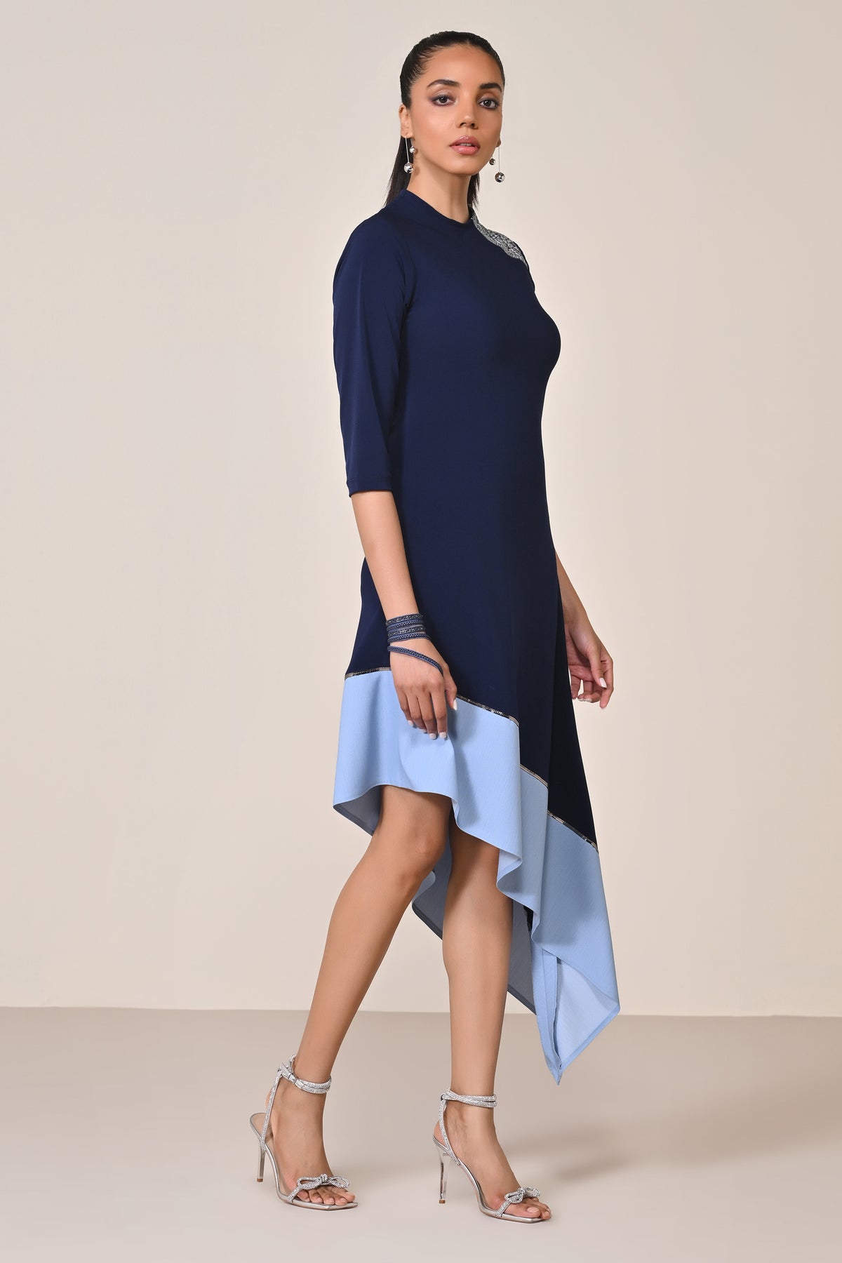 Asymmetric Denim Colour Block Kurta
