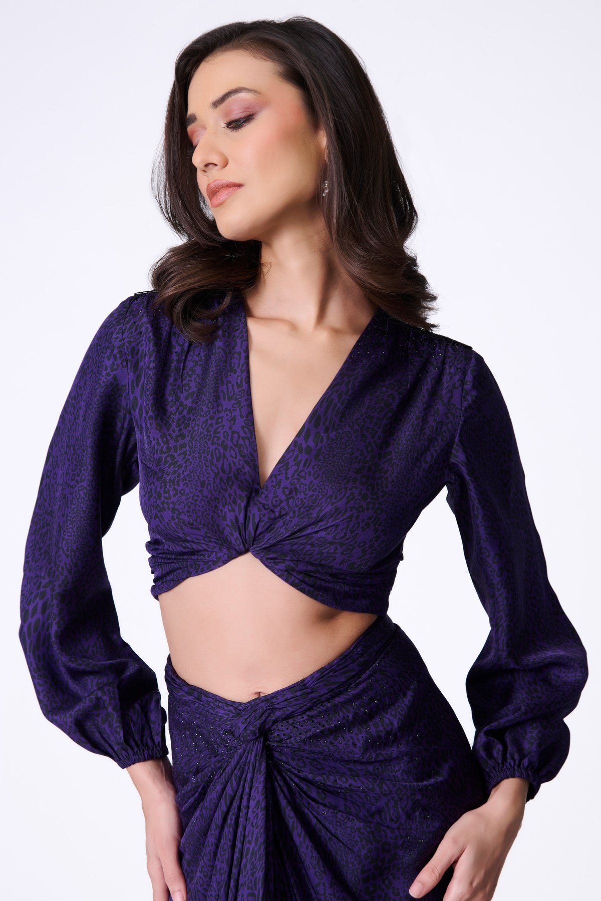 Purple Leopard Print Top with Bishop Sleeves