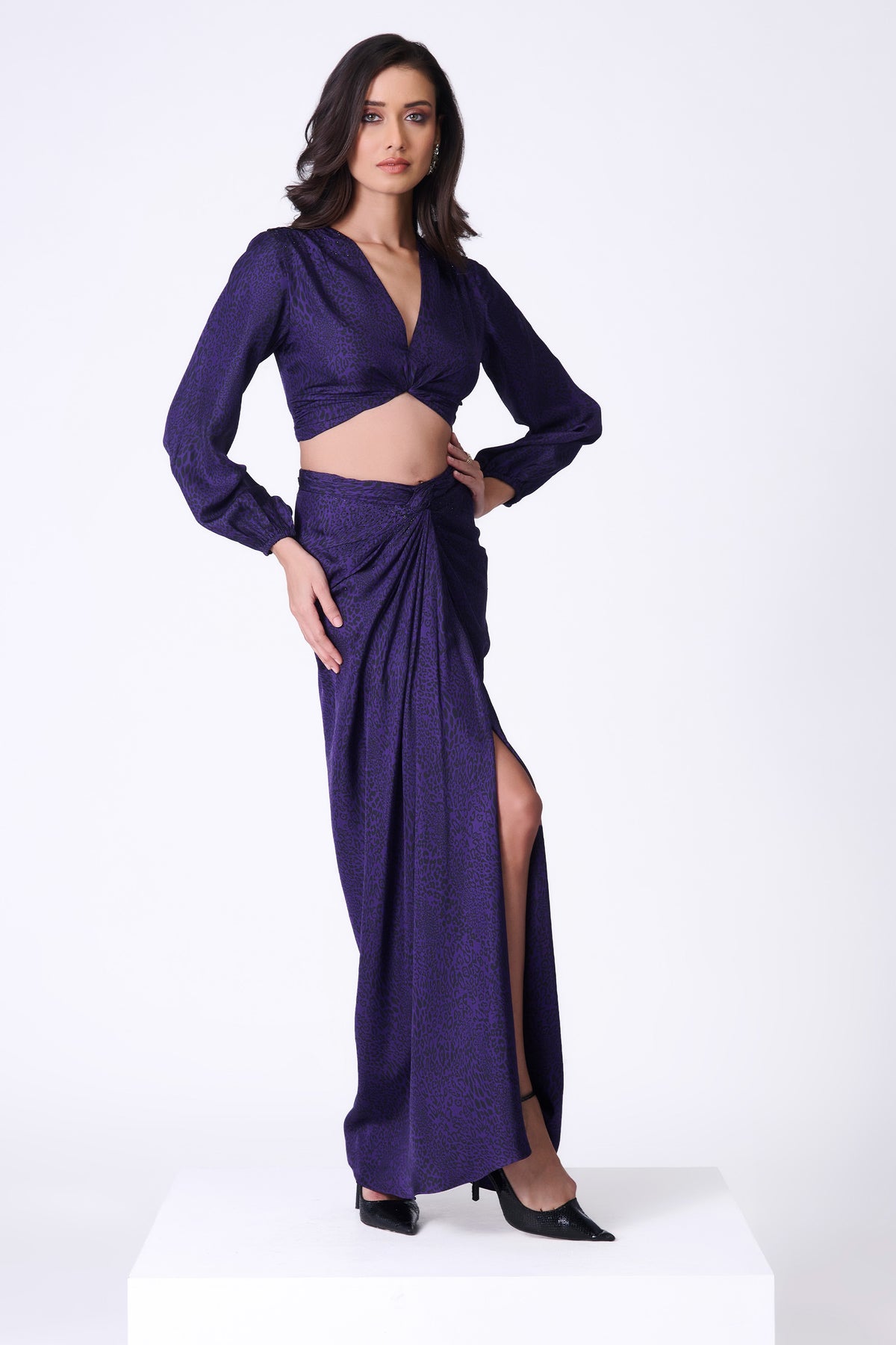 Purple Leopard Print Top with Bishop Sleeves