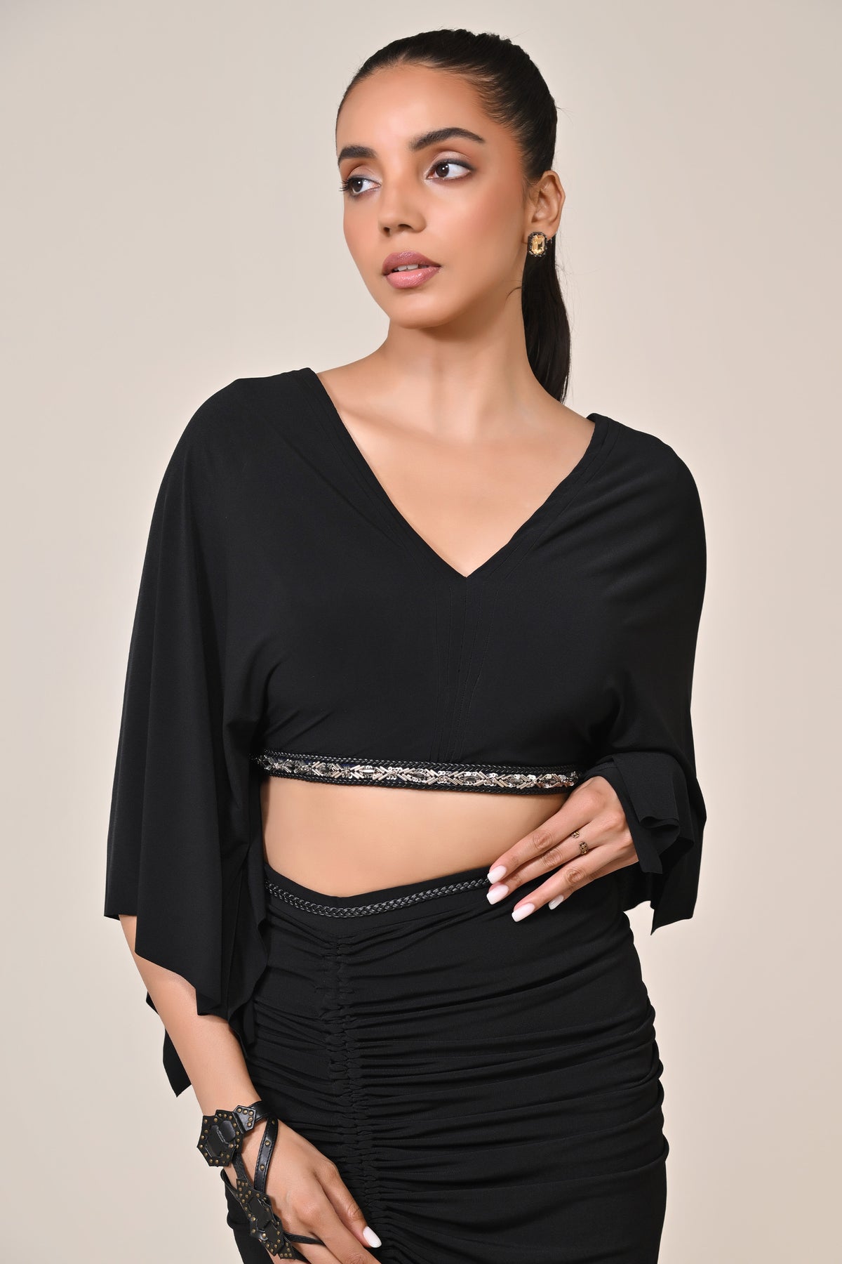 Black Exaggerated Draped Sleeve Top