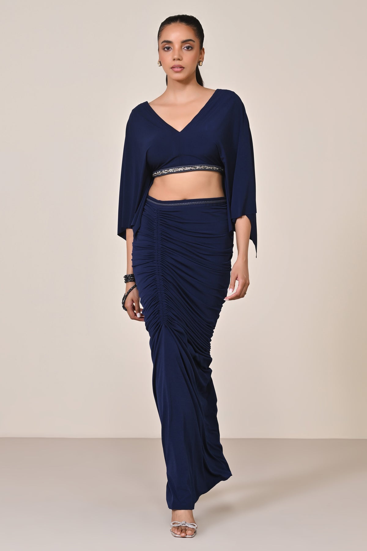 Navy Exaggerated Draped Sleeve Top