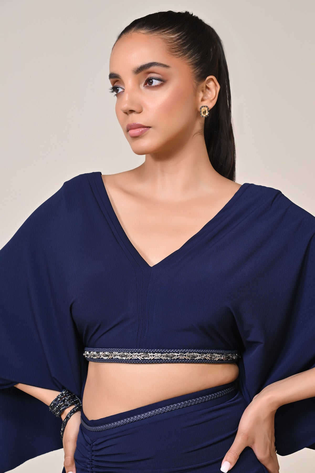Navy Exaggerated Draped Sleeve Top