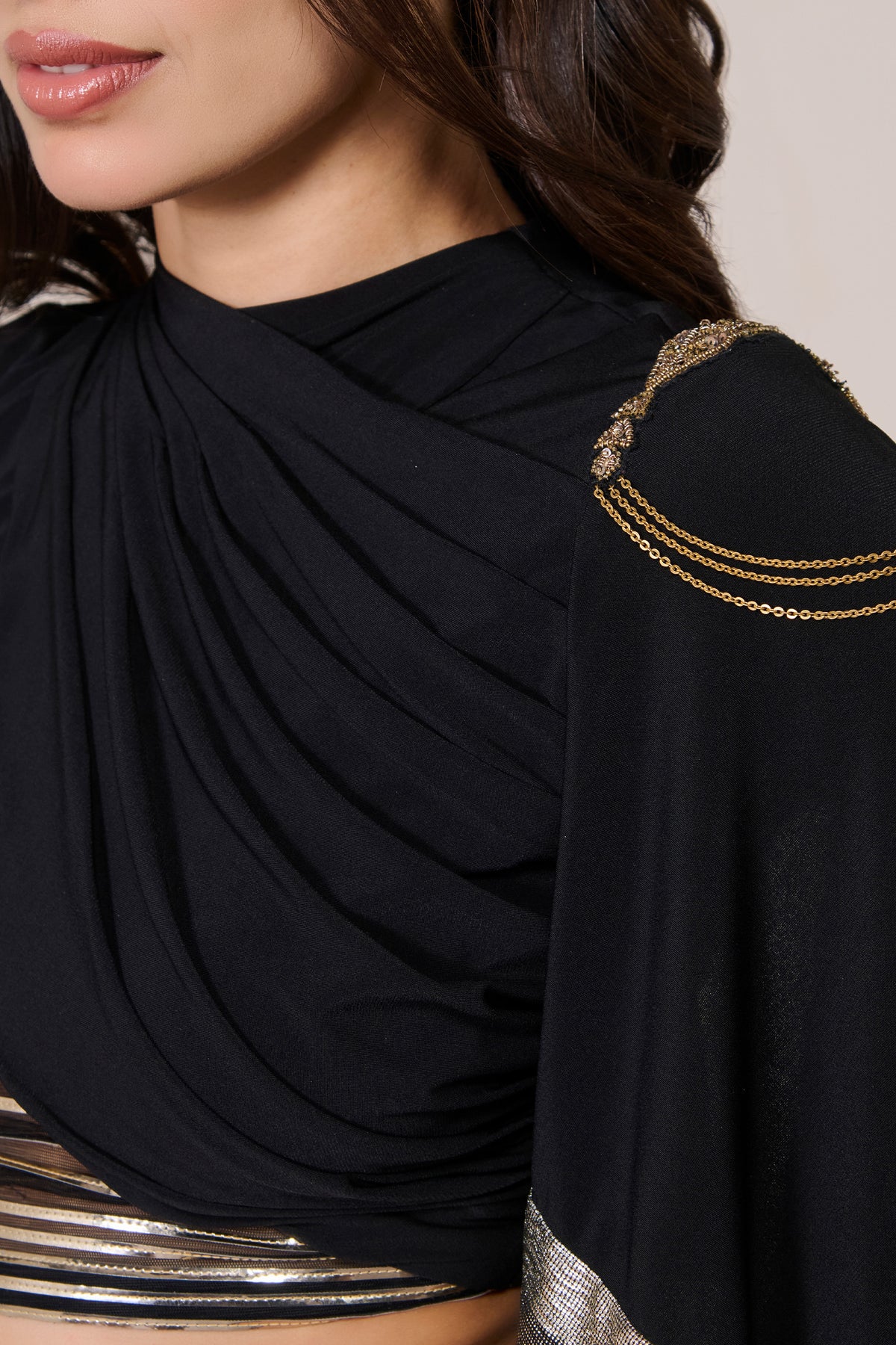 Draped Sleeve Black Crop Top