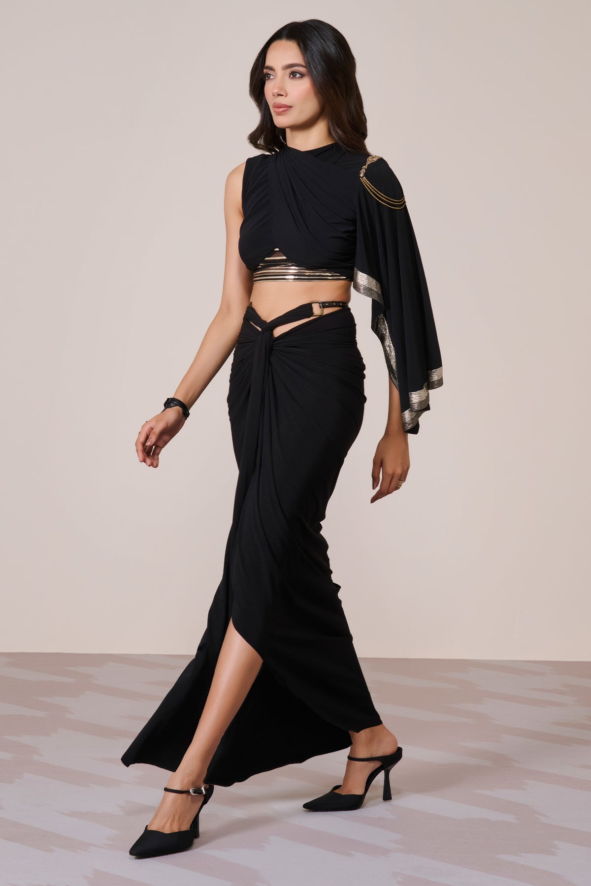 Draped Sleeve Black Crop Top
