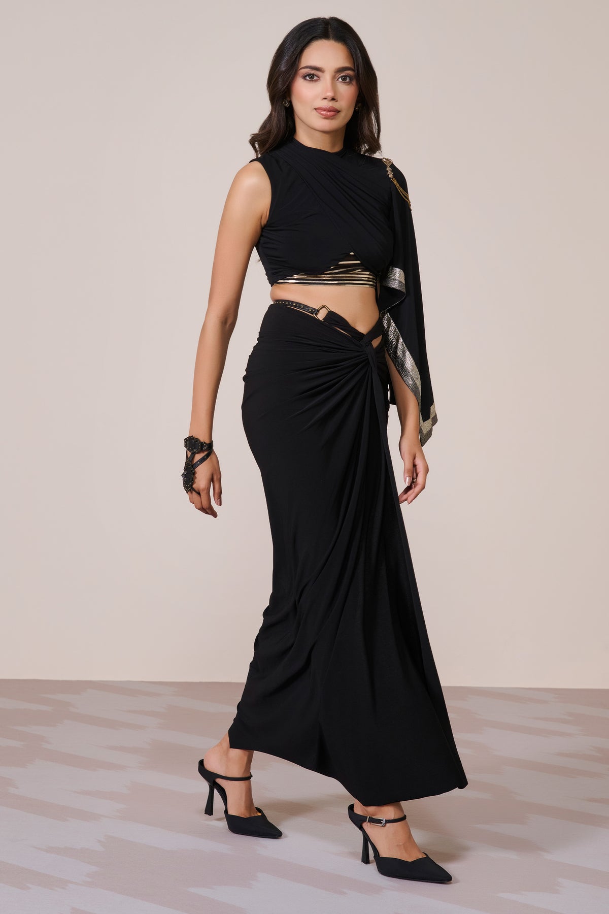 Draped Sleeve Black Crop Top