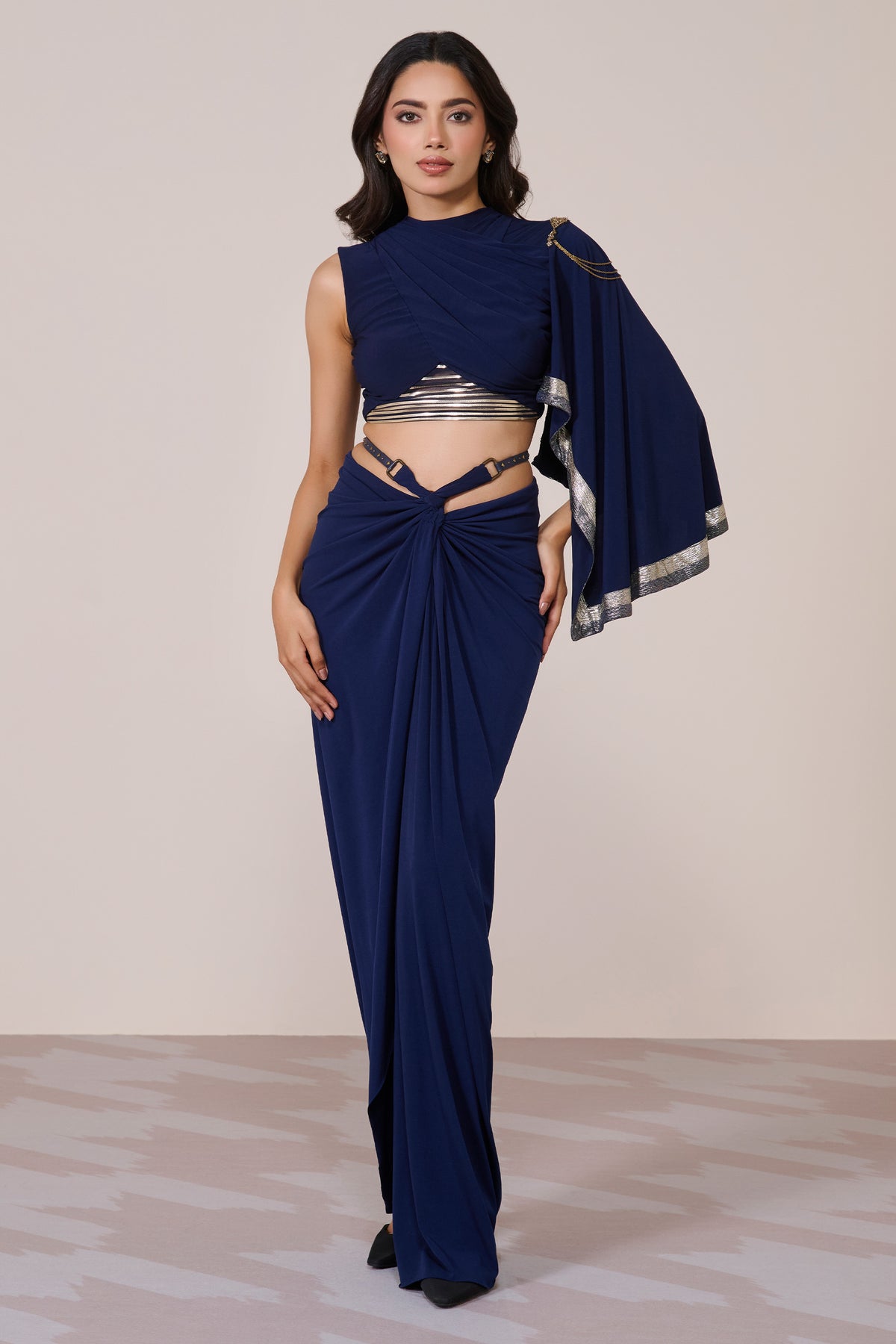 Draped Sleeve Navy Crop Top