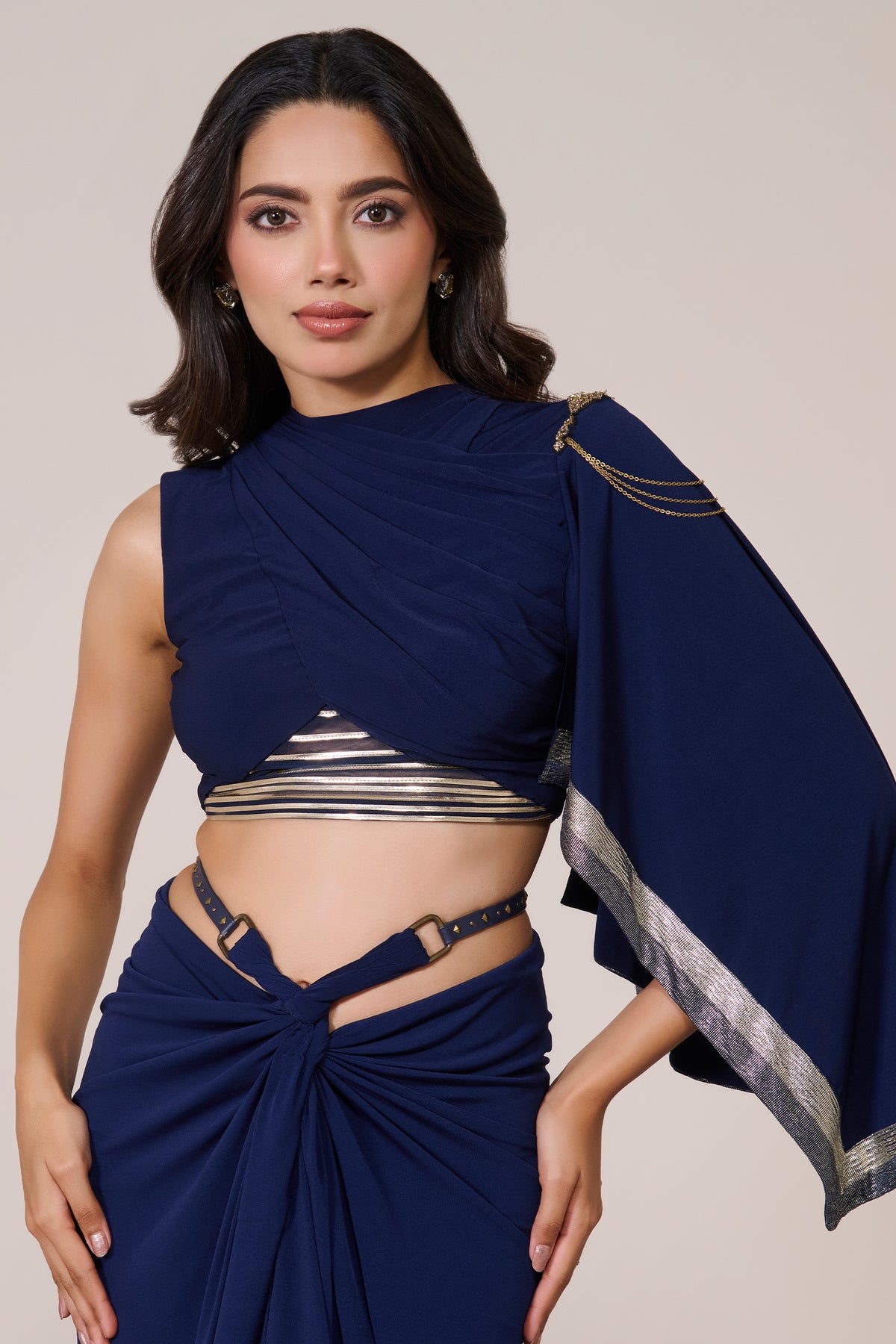 Draped Sleeve Navy Crop Top