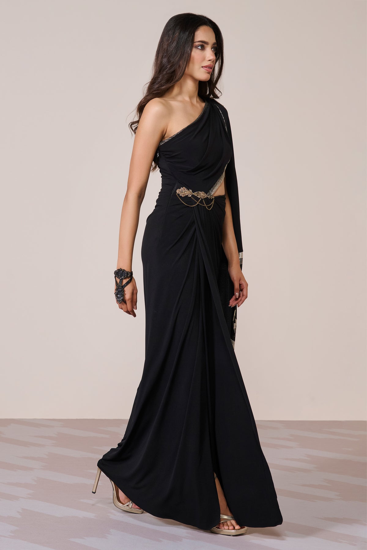Black One-Shoulder Drape Gown