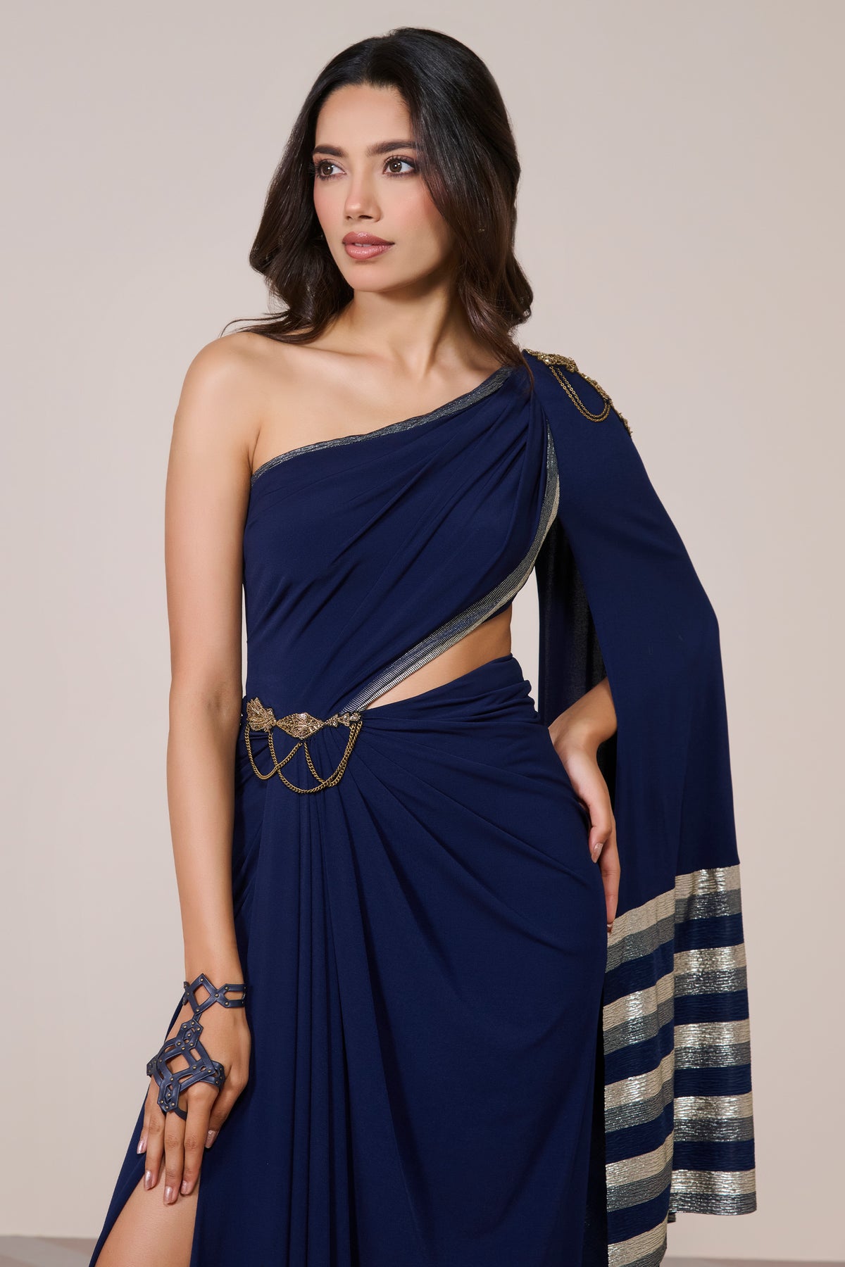 Navy One-Shoulder Draped Gown