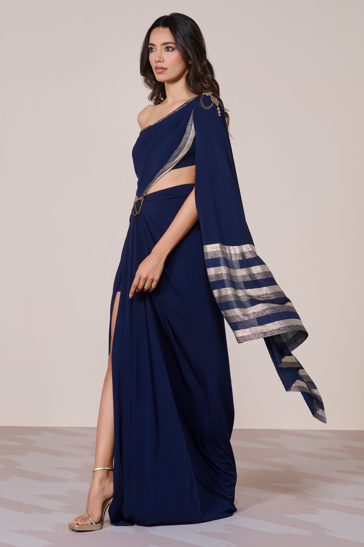 Navy One-Shoulder Draped Gown