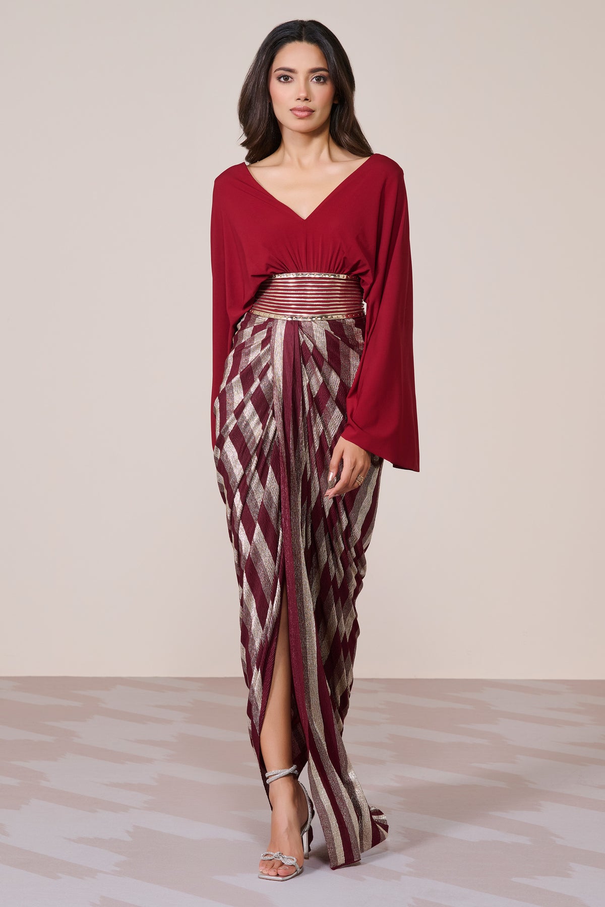 Cherry Gown With Exaggerated Cape Sleeve