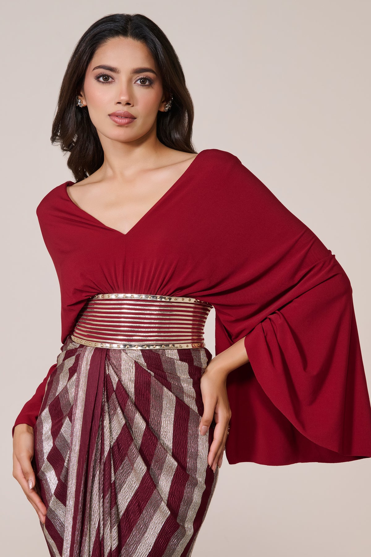 Cherry Gown With Exaggerated Cape Sleeve