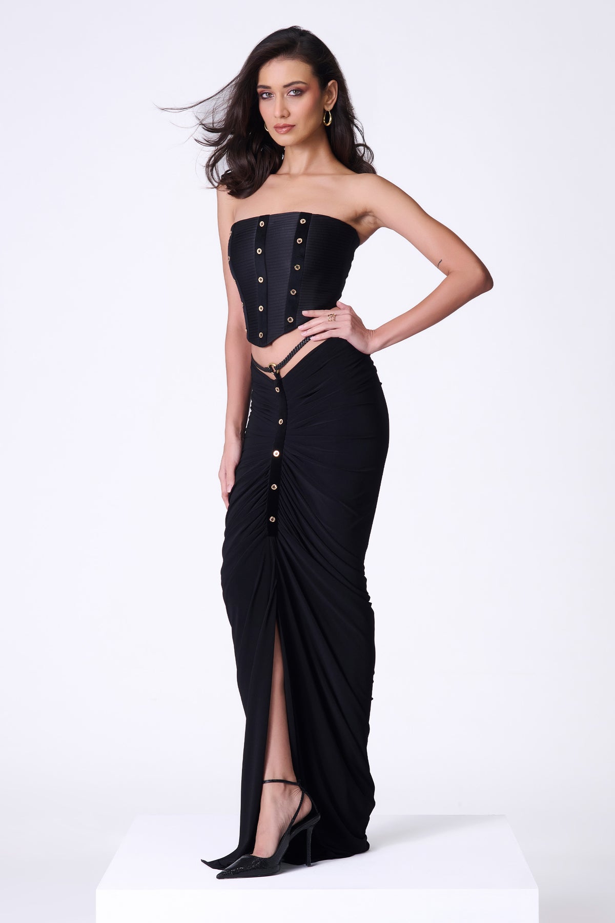 Black Gathered Skirt with Belt