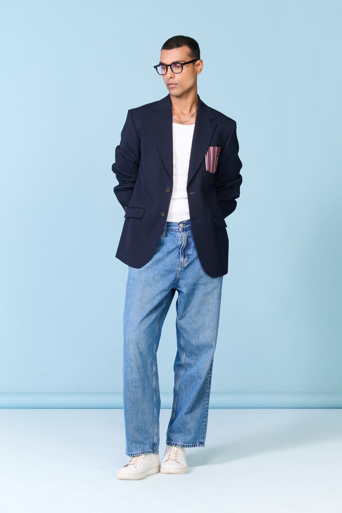 Navy Jacket with Striped Pocket
