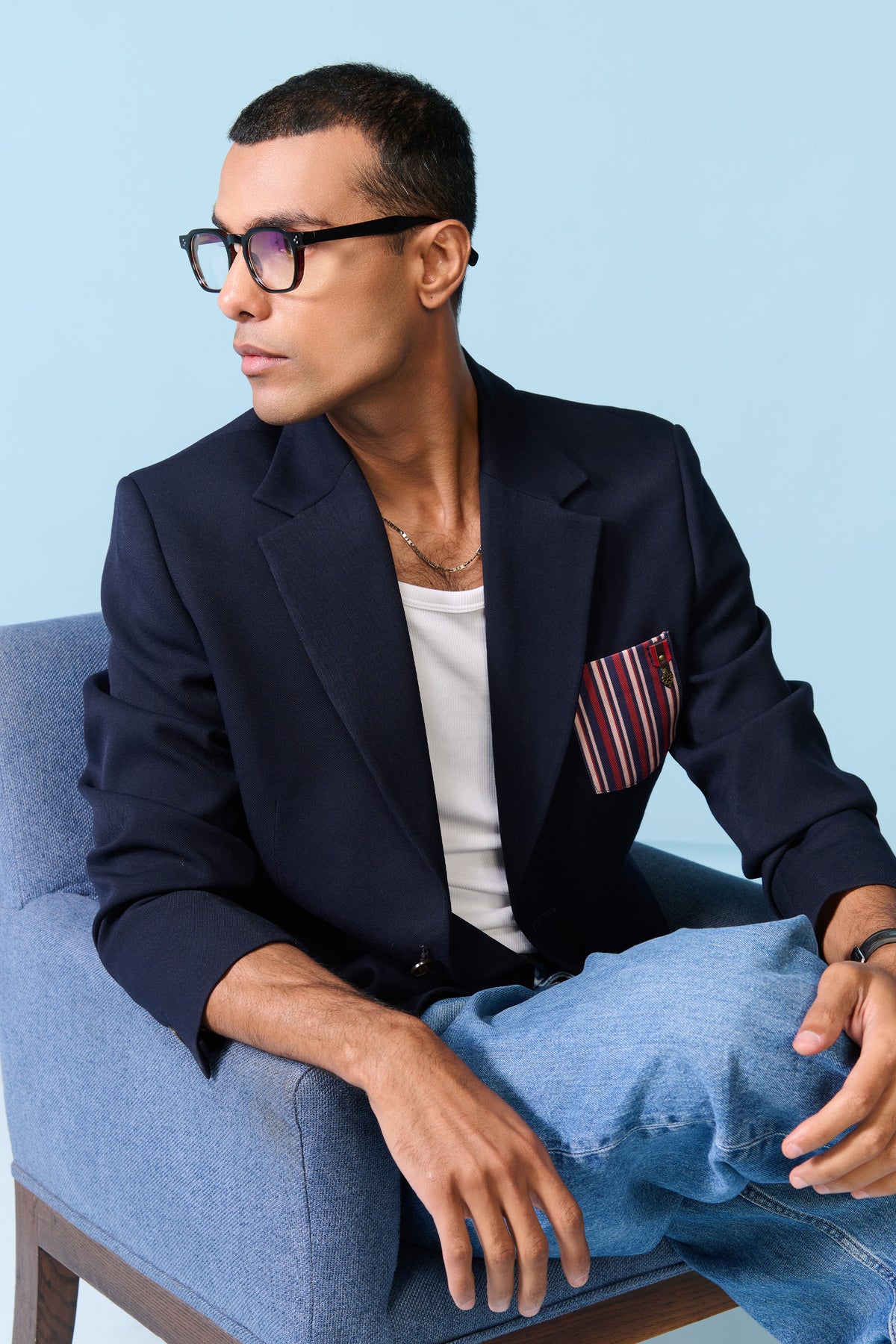 Navy Jacket with Striped Pocket