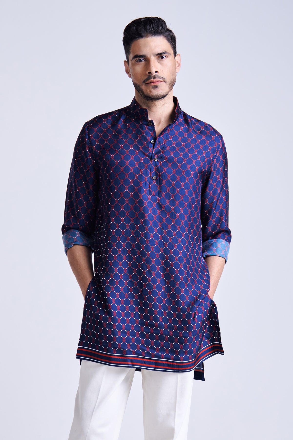 Navy Adamas Printed Silk Twill Kurta