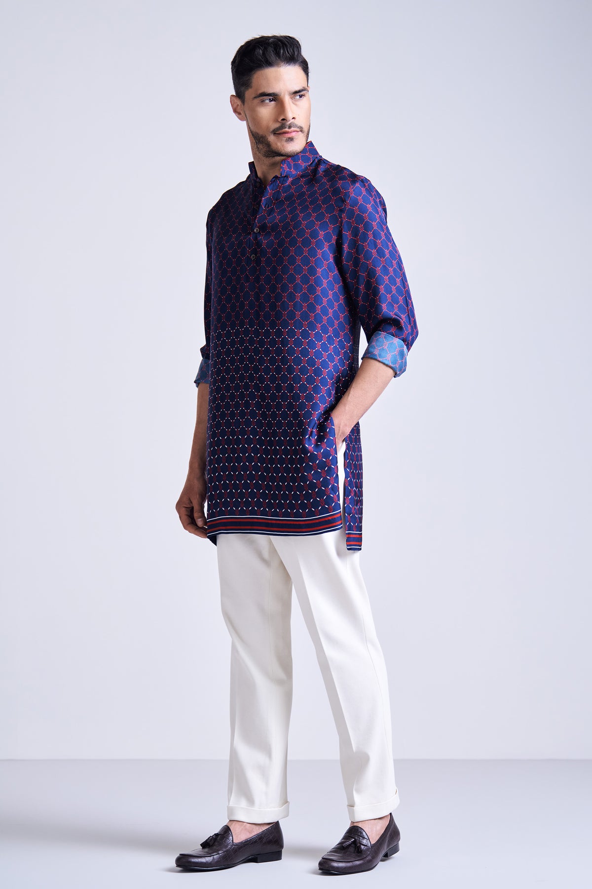 Navy Adamas Printed Silk Twill Kurta