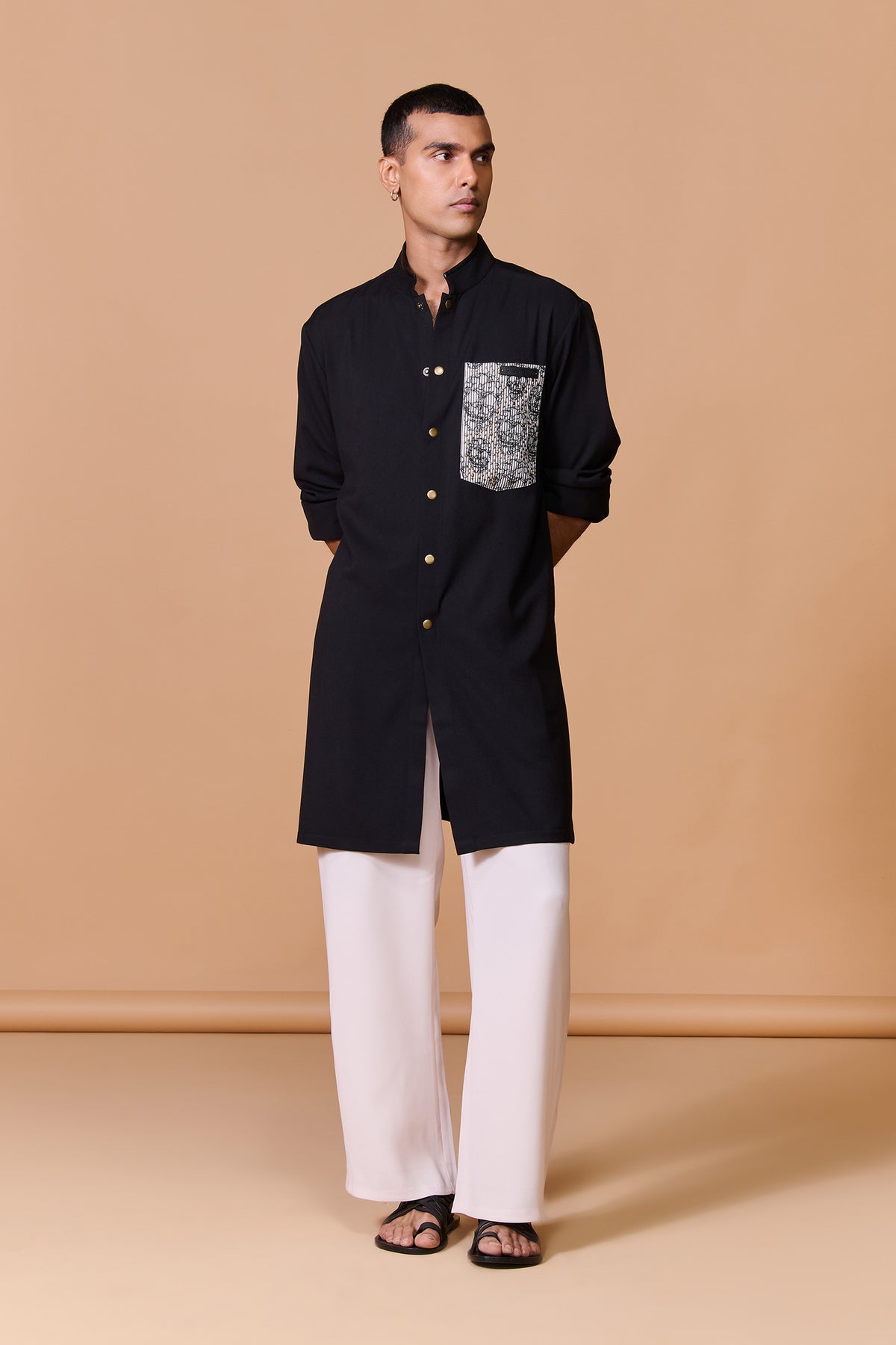 Black Shirt Kurta with Printed Pocket