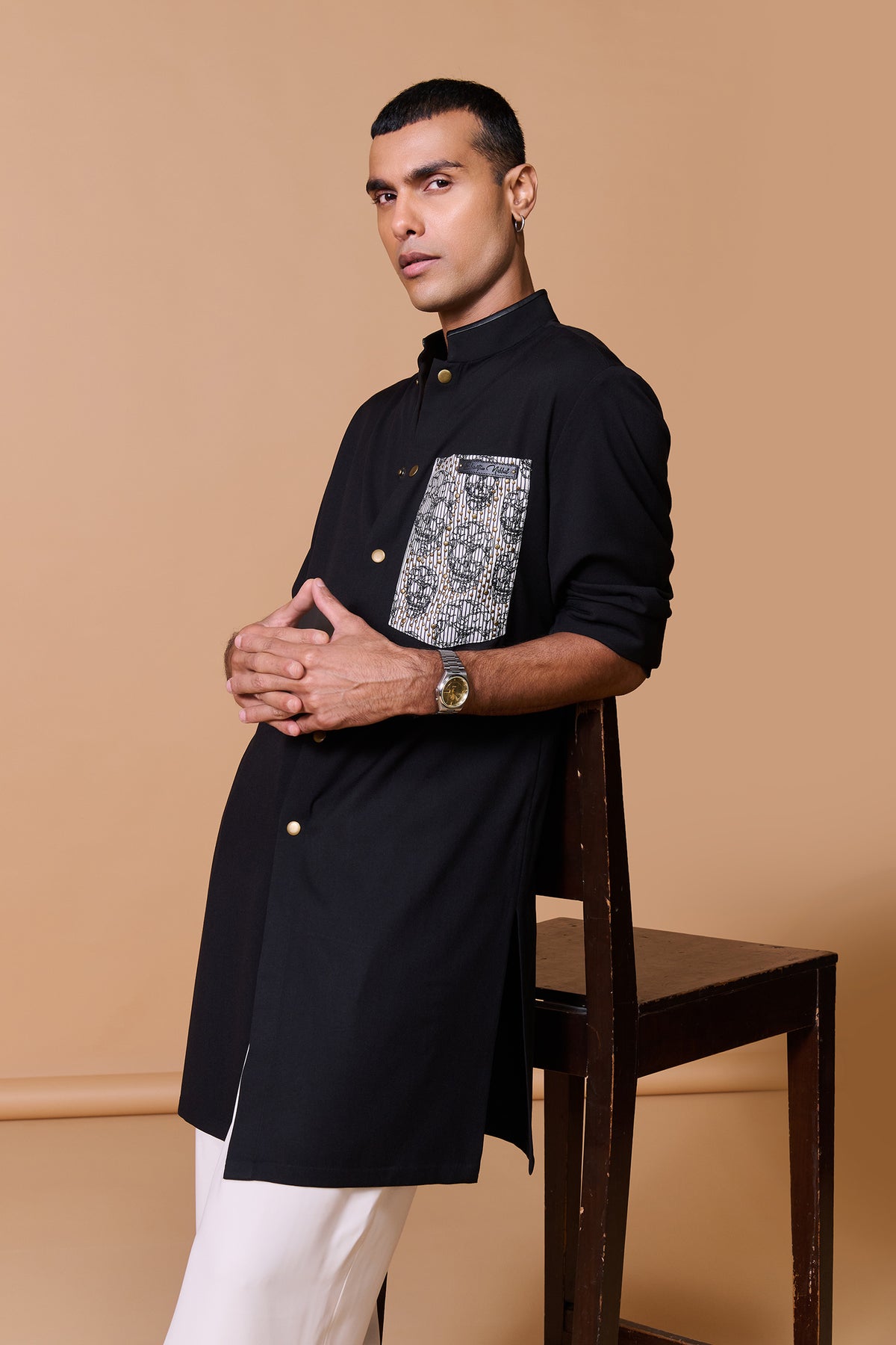 Black Shirt Kurta with Printed Pocket