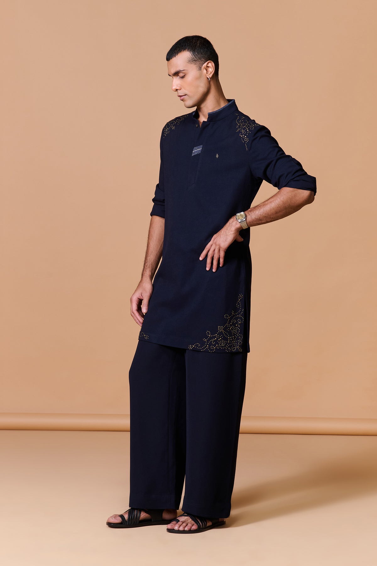Navy Kurta with Rivet Details