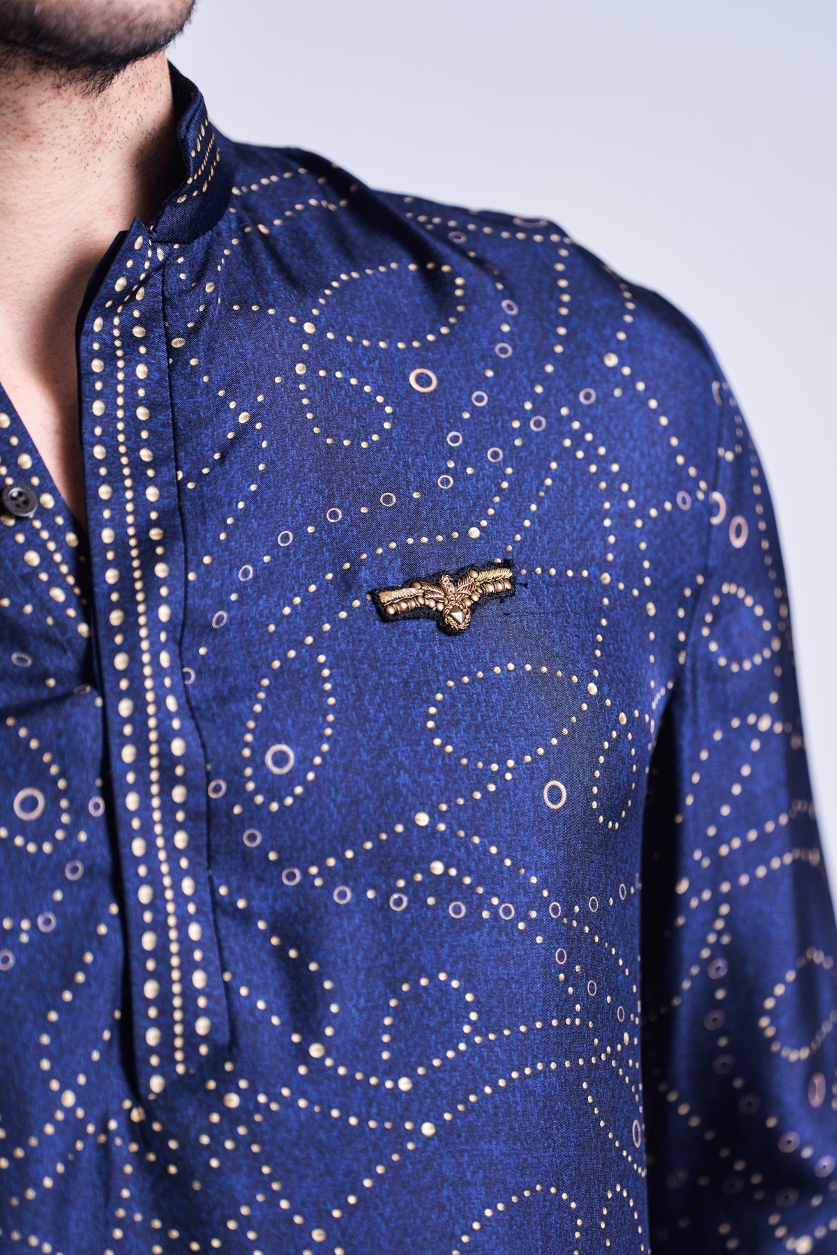 Navy Rivet Printed Silk Twill Kurta