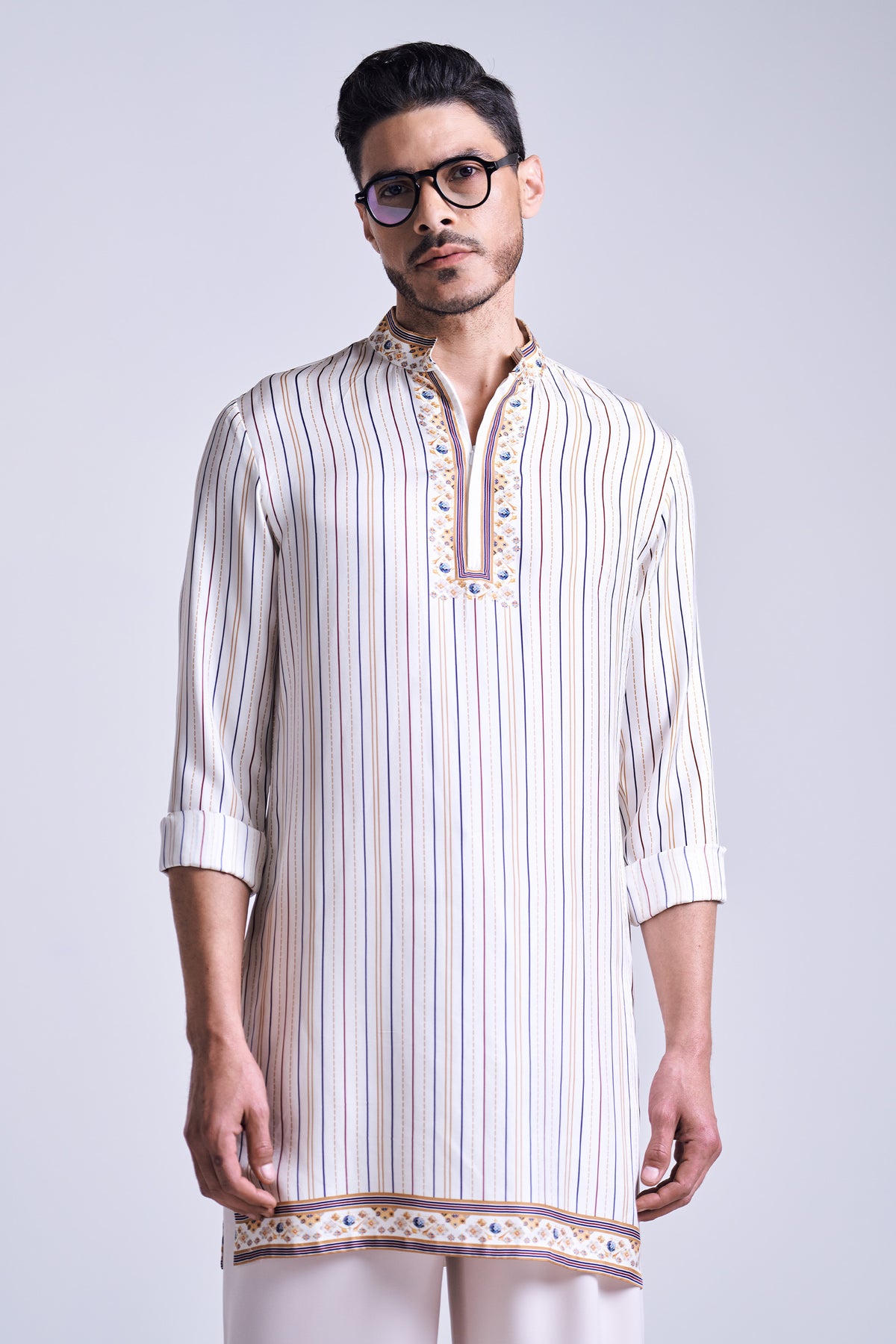 Off White Stripe Printed Silk Twill Kurta