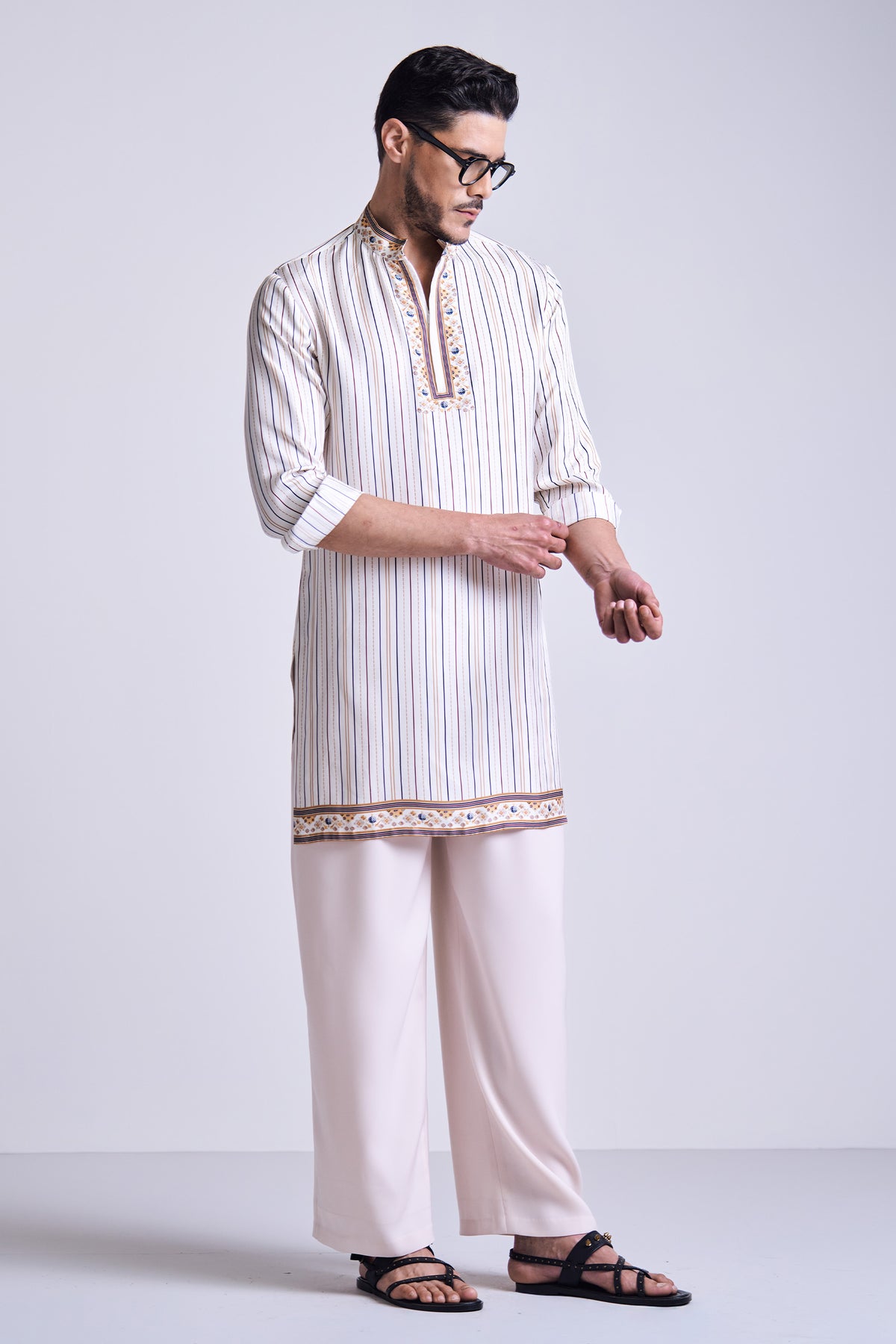 Off White Stripe Printed Silk Twill Kurta