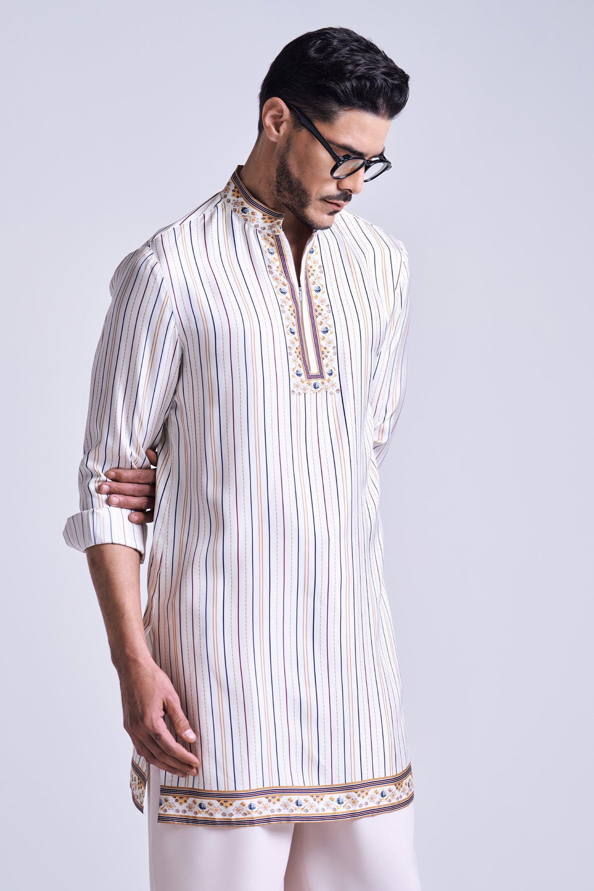 Off White Stripe Printed Silk Twill Kurta