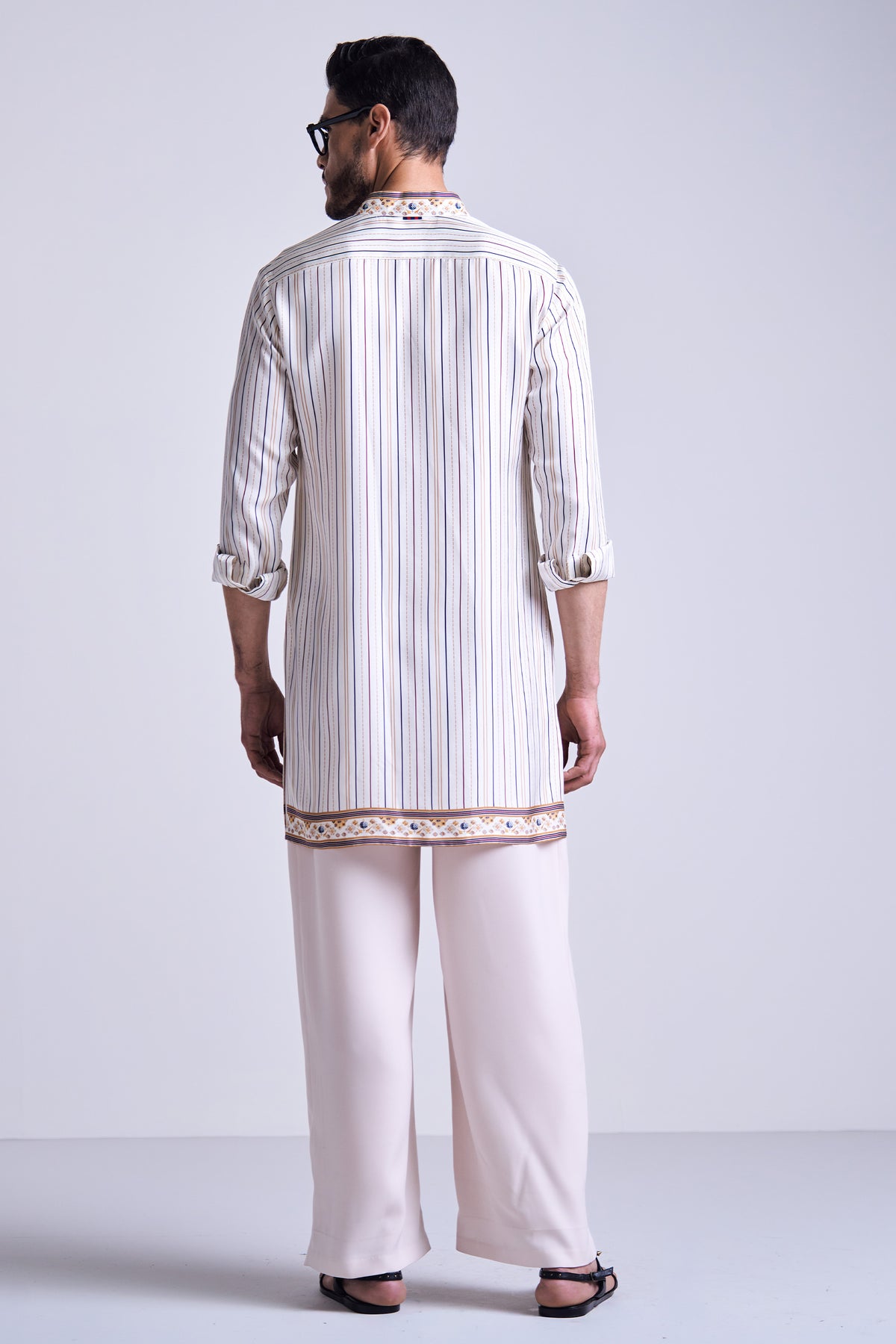 Off White Stripe Printed Silk Twill Kurta
