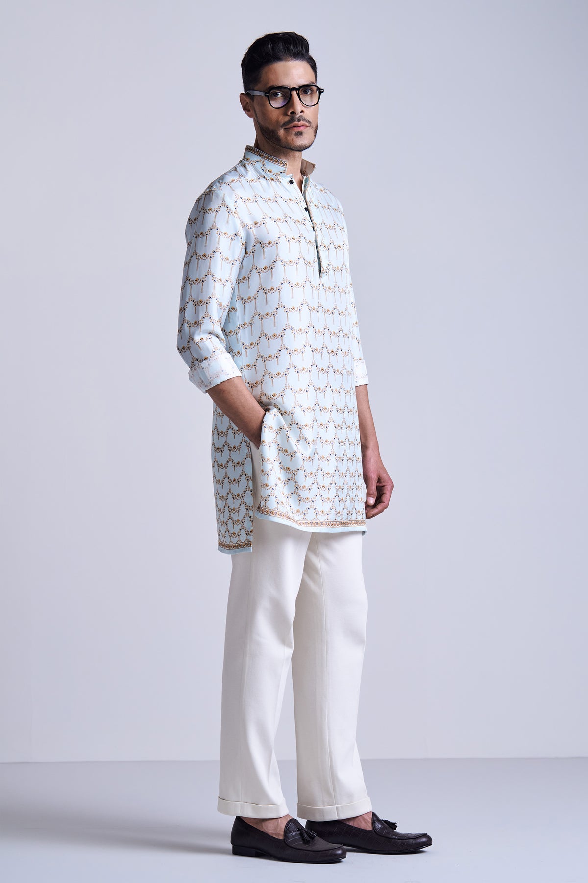 Mint Gold Printed Silk Twill Kurta