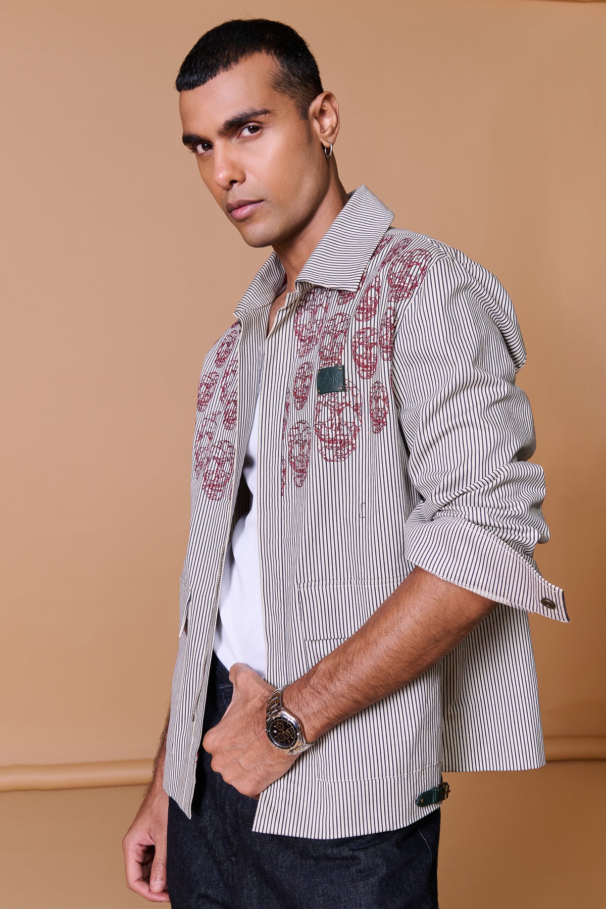 Grey Skull Printed Striped Jacket