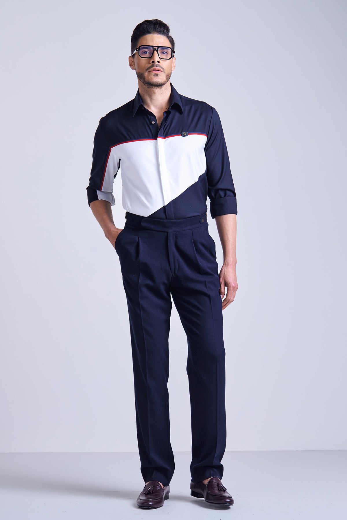 Navy And Off White Panel Shirt