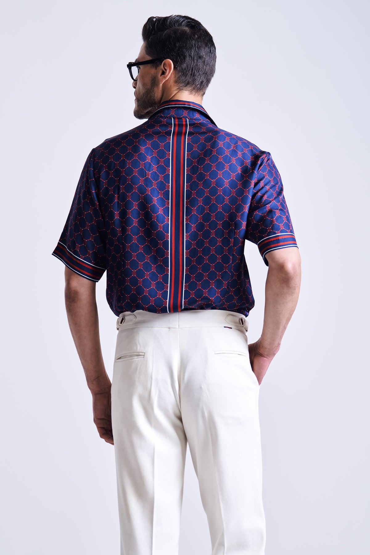 Navy Printed Silk Twill Shirt