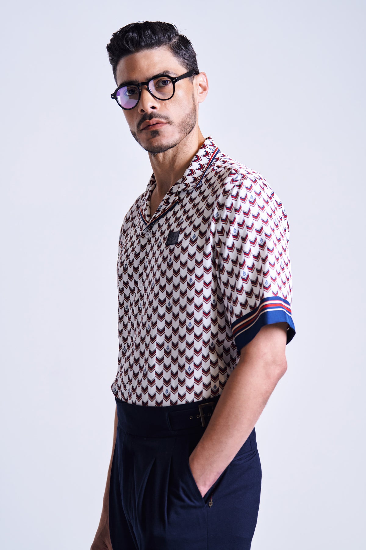 Off White Chevron Printed Silk Shirt