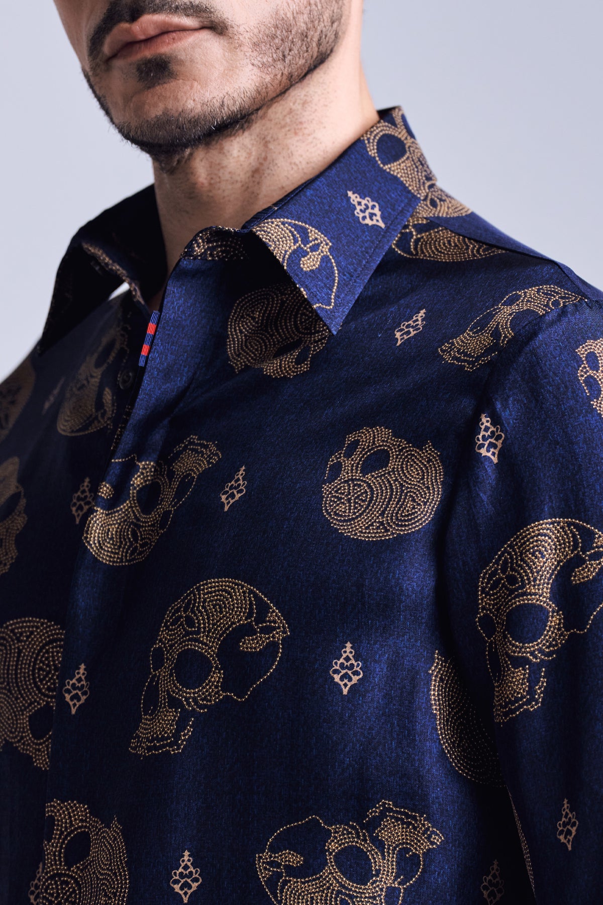 Navy Skull Print Silk Twill Shirt