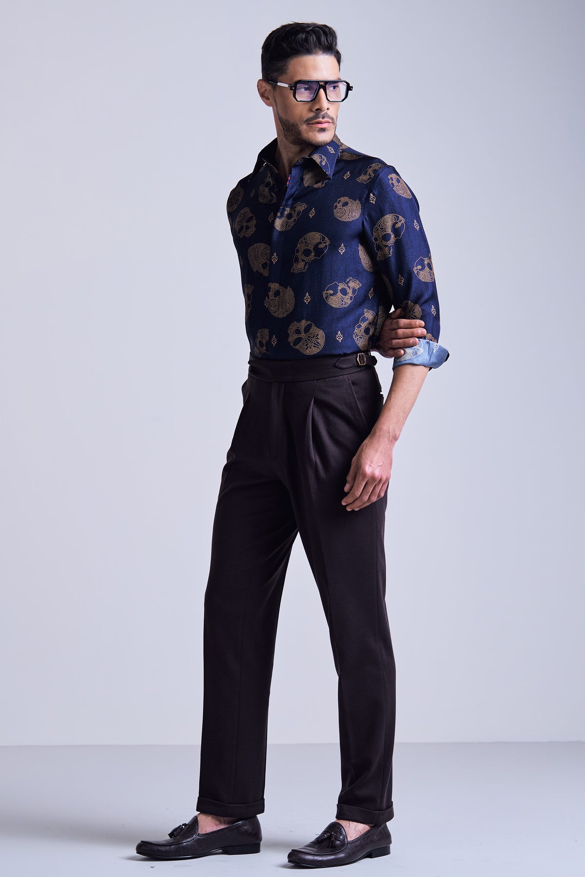 Navy Skull Print Silk Twill Shirt