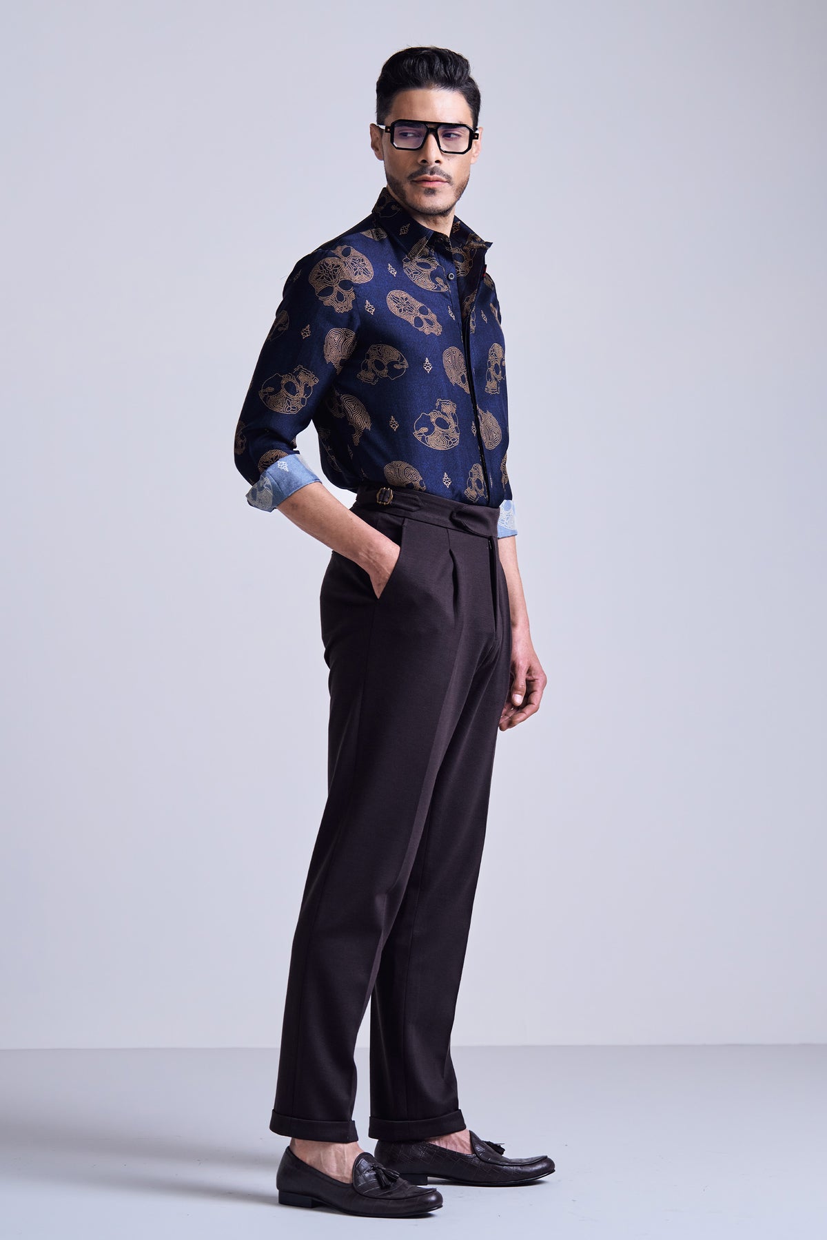 Navy Skull Print Silk Twill Shirt